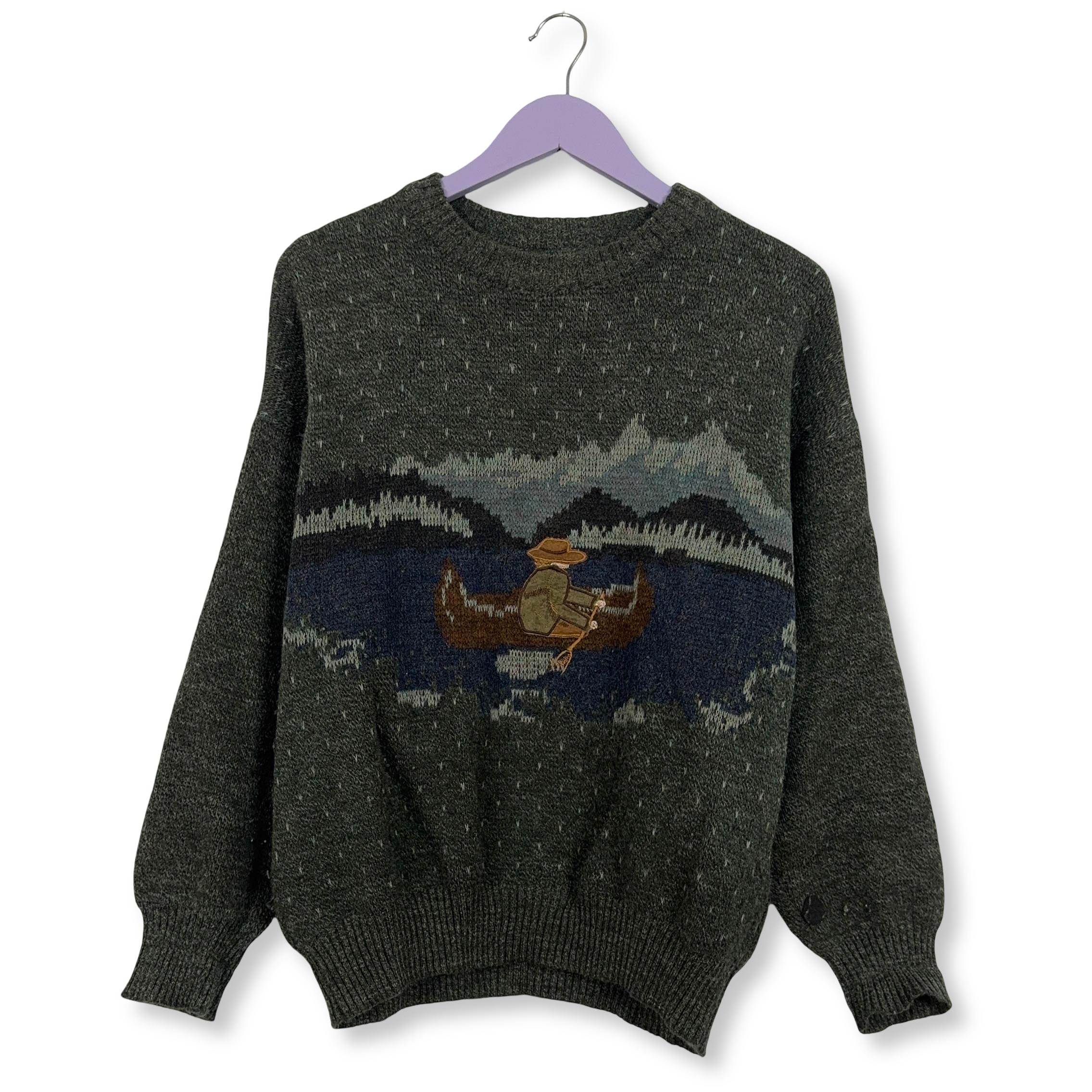 Maglione Vintage grigio verdastro misto lana girocollo ricamo anni 80 90 - Taglia M uomo