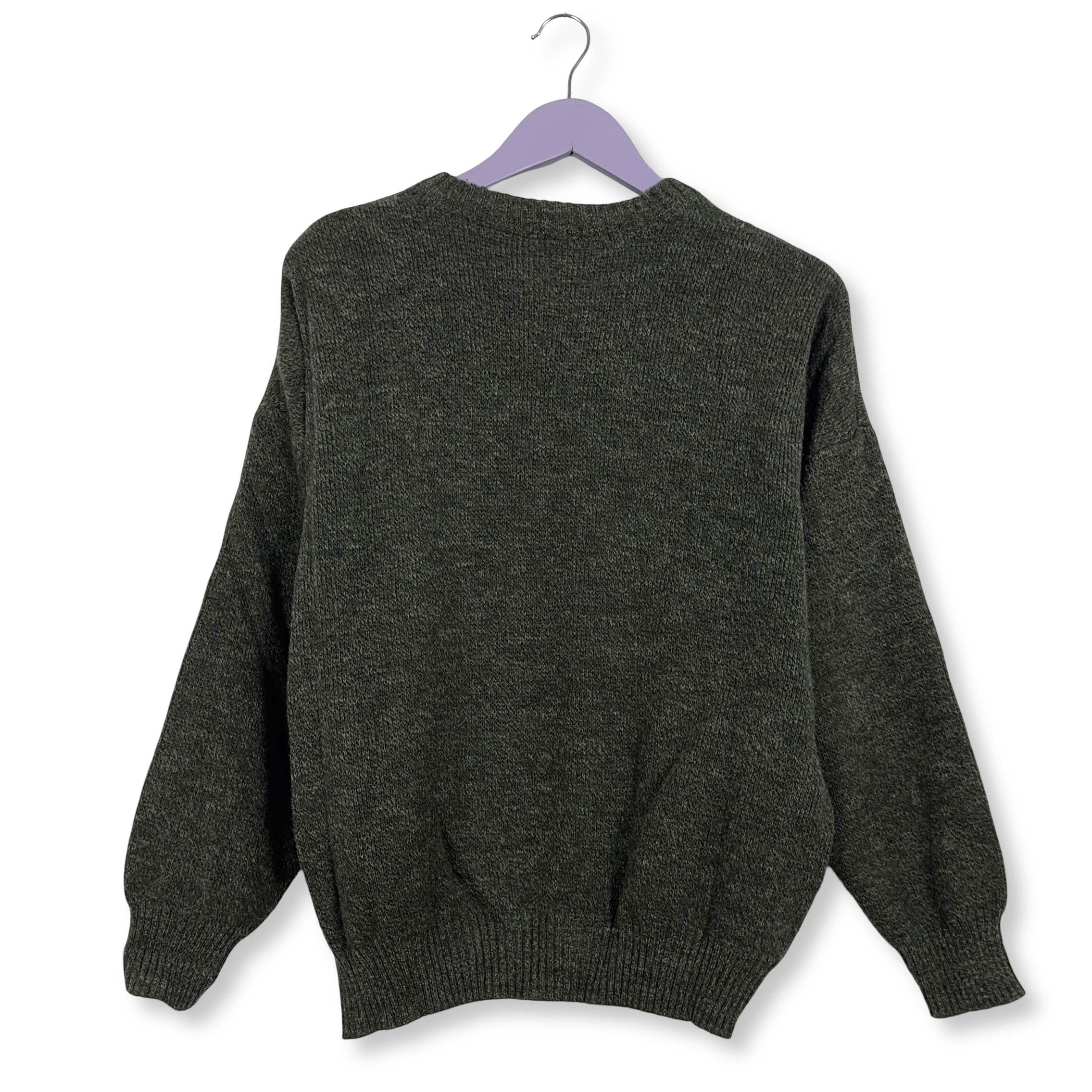 Maglione Vintage grigio verdastro misto lana girocollo ricamo anni 80 90 - Taglia M uomo