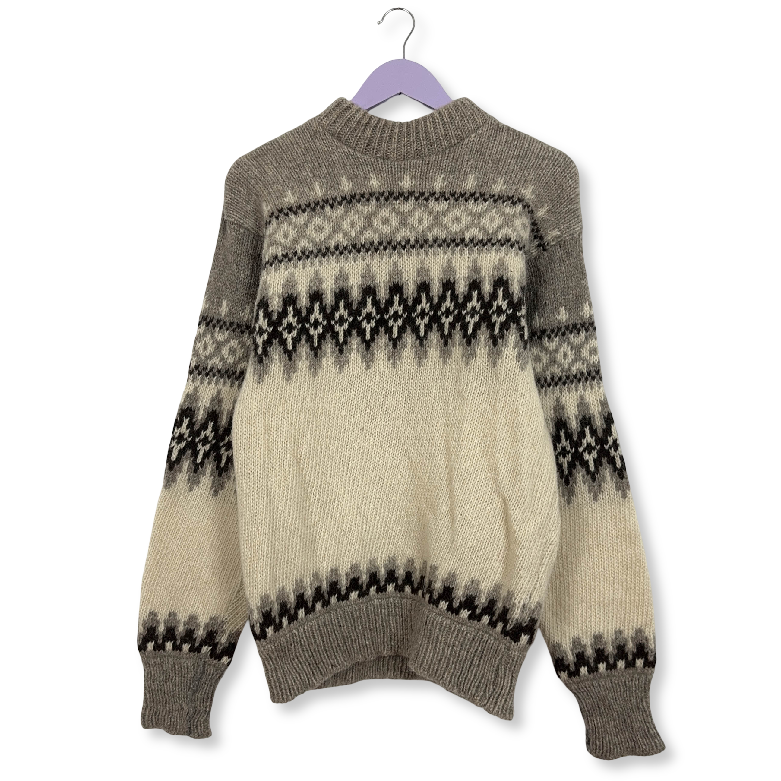 Maglione Vintage panna grigio geometrico girocollo 100% lana anni 80 90 - Taglia 52 uomo