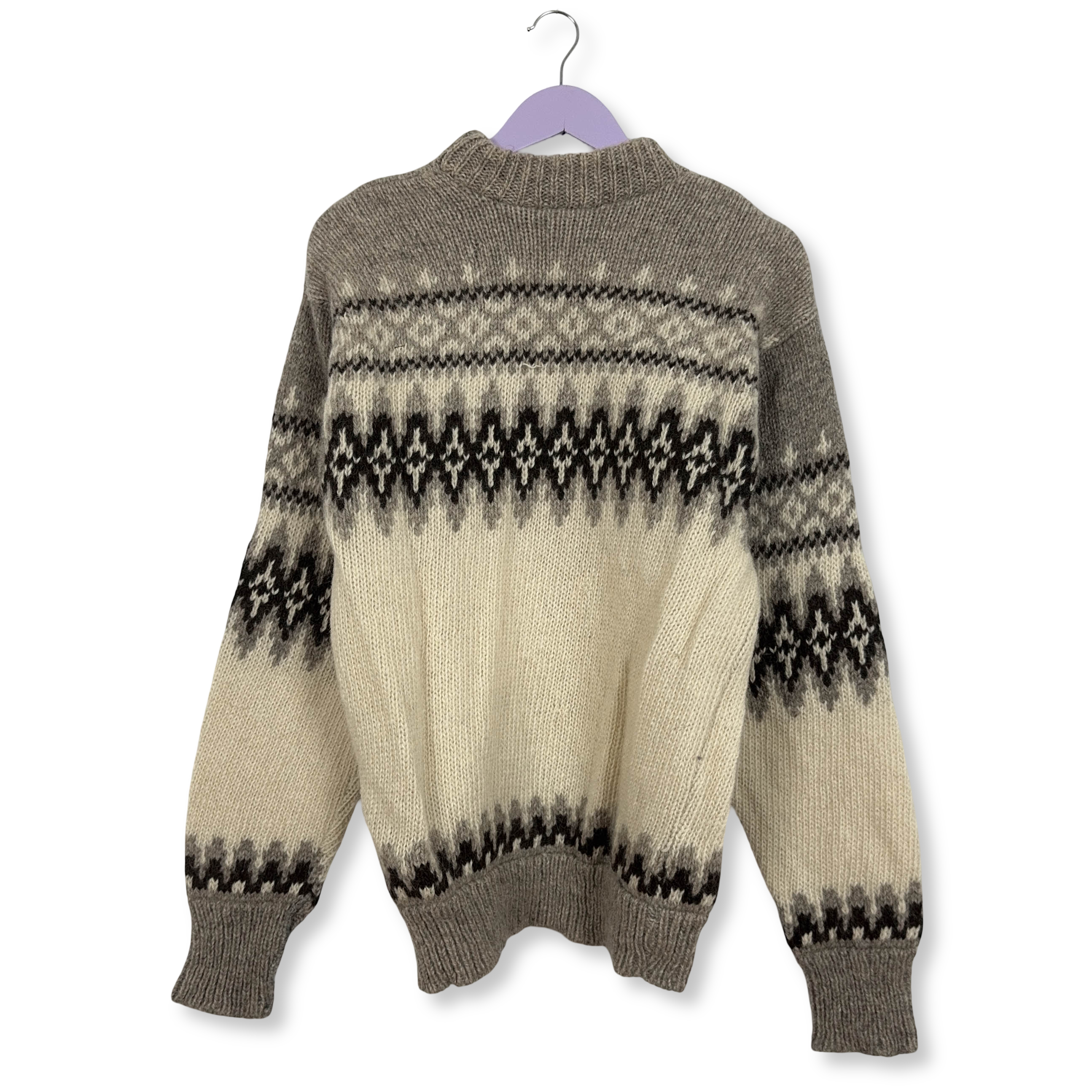 Maglione Vintage panna grigio geometrico girocollo 100% lana anni 80 90 - Taglia 52 uomo