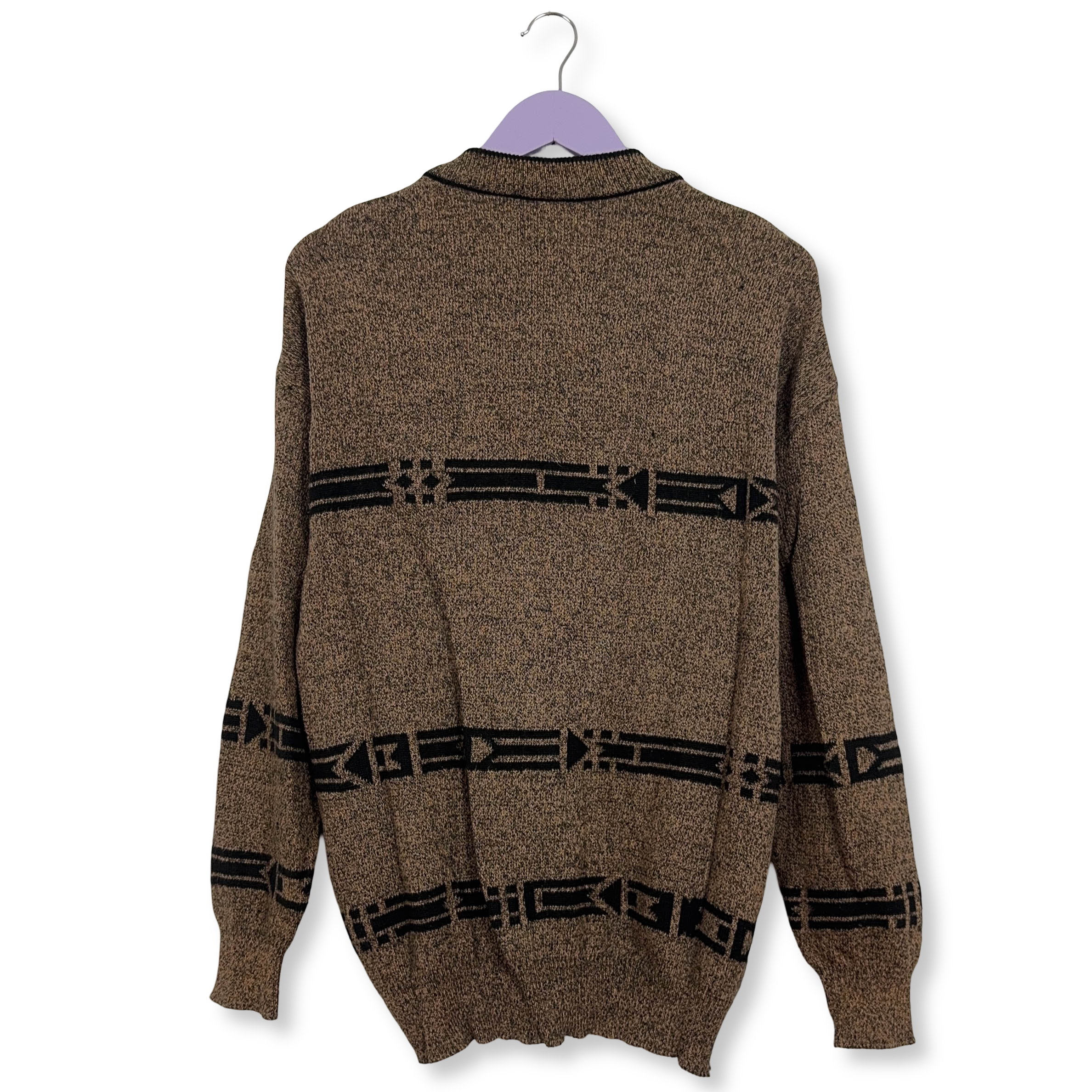 Cardigan Vintage marrone e nero fantasia ricamo anni 80 90 - Taglia 48 uomo