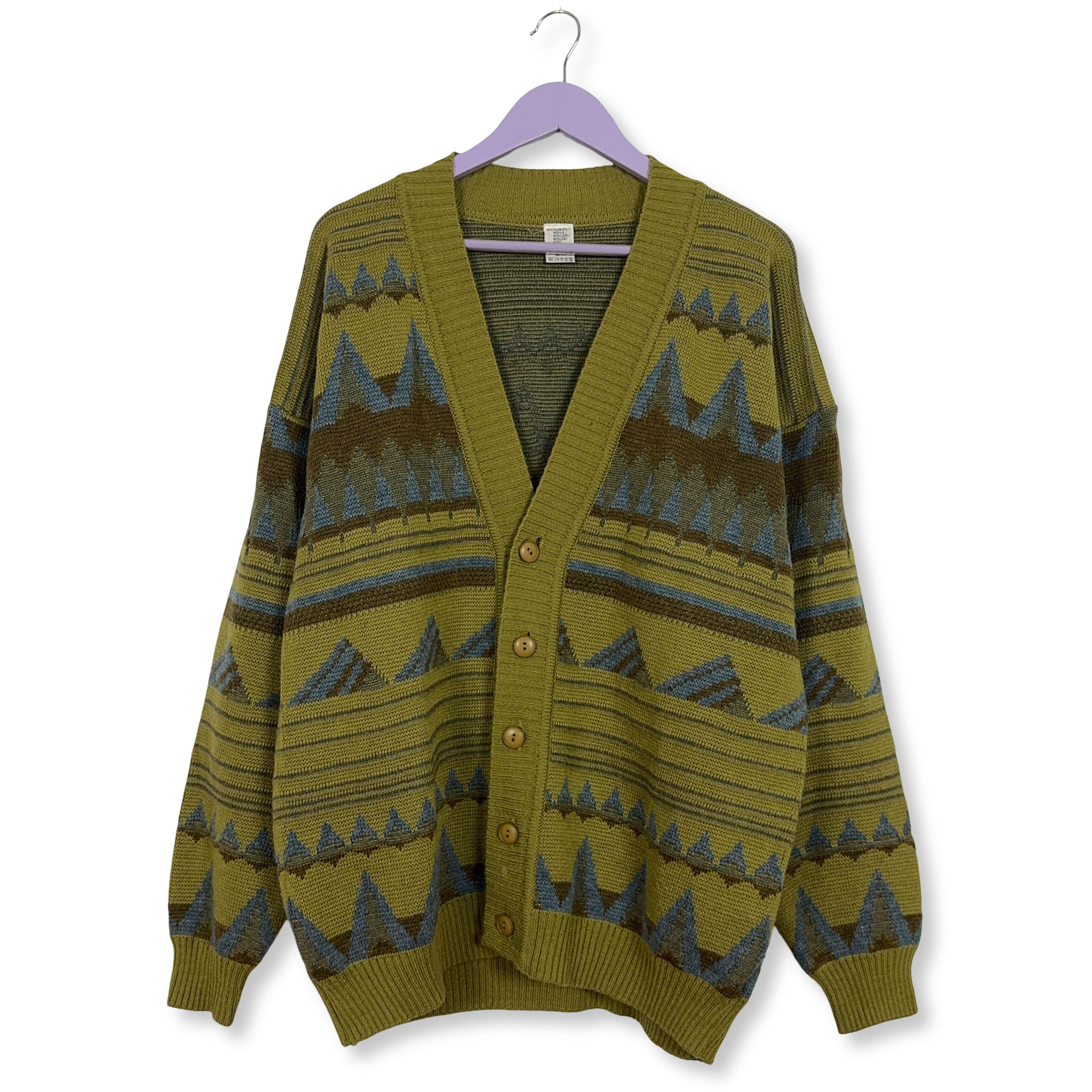 Cardigan Vintage verde geometrico 50% lana anni 80 90 - Taglia 52/54 uomo