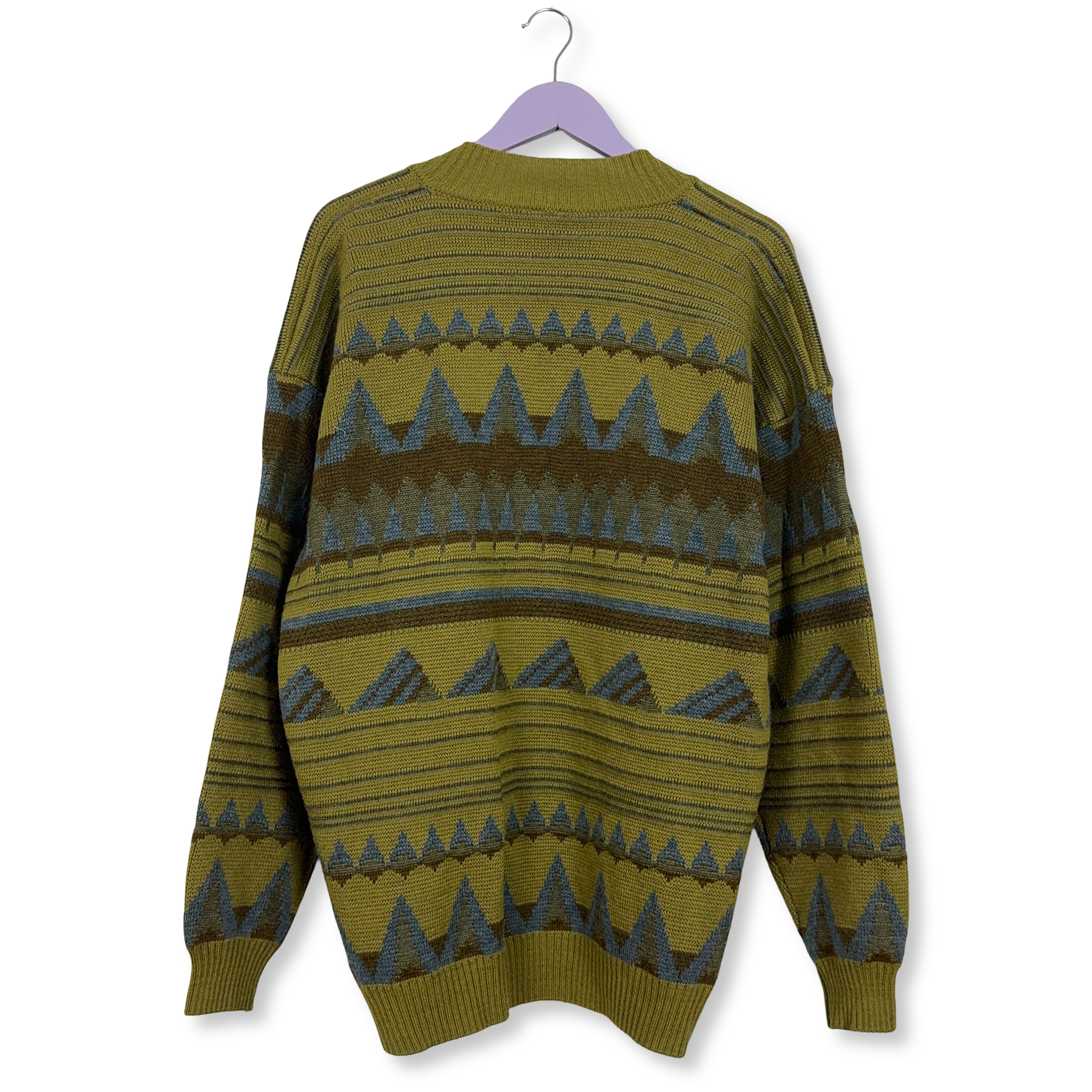 Cardigan Vintage verde geometrico 50% lana anni 80 90 - Taglia 52/54 uomo