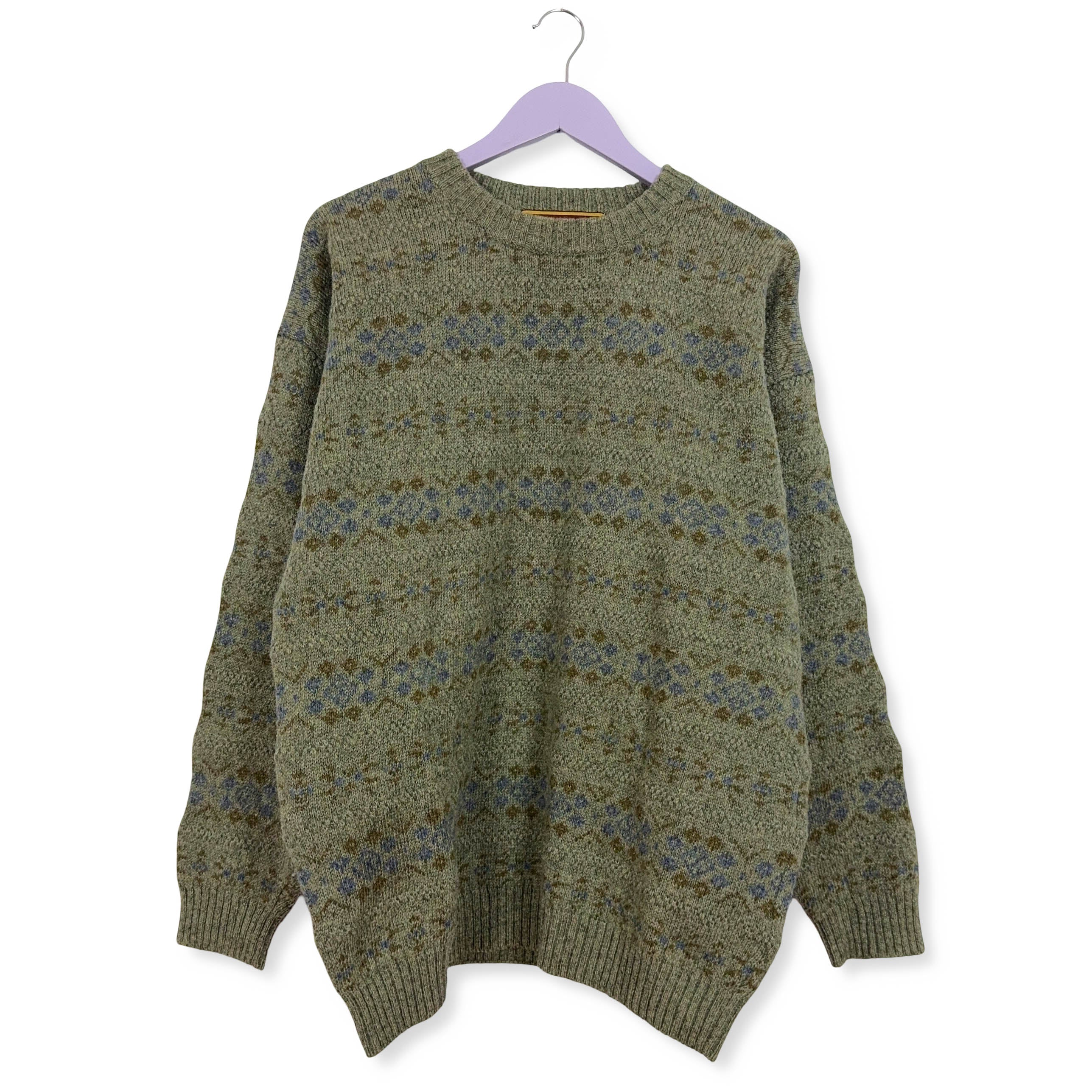 Maglione Vintage verde girocollo a fantasia 100% lana anni 80 90 - Taglia XL uomo