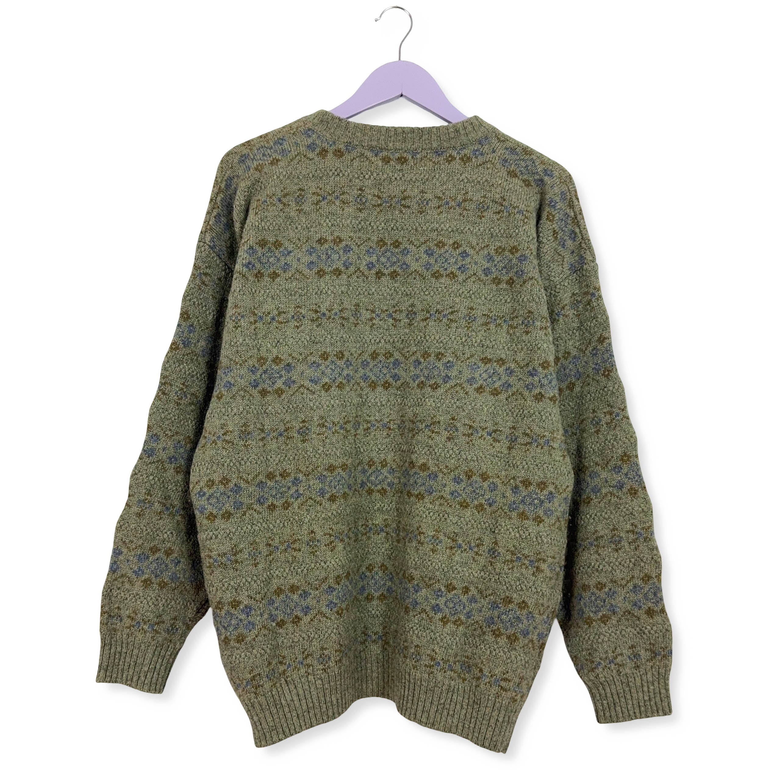 Maglione Vintage verde girocollo a fantasia 100% lana anni 80 90 - Taglia XL uomo