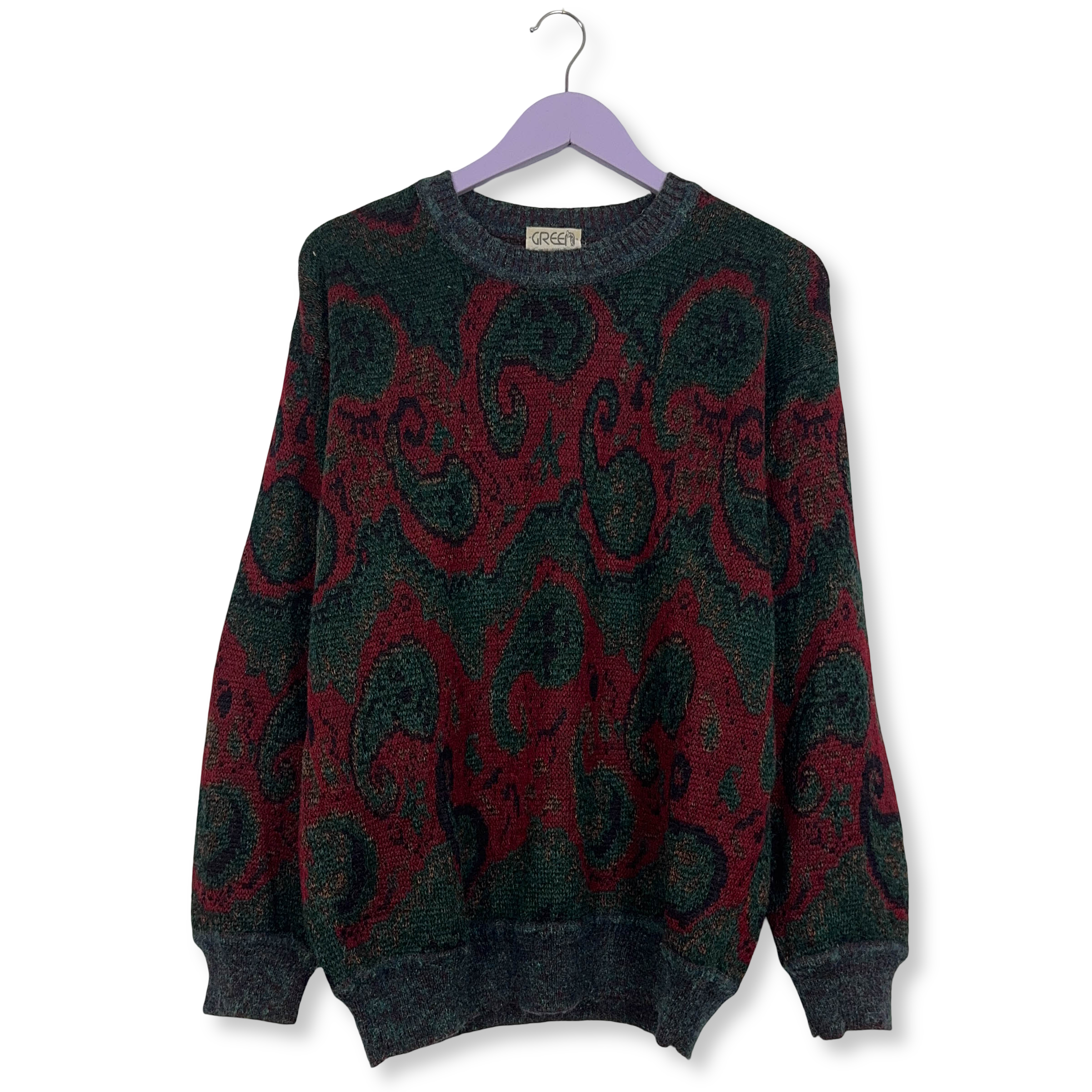 Maglione Vintage verde scuro e rosso misto lana astratto girocollo - Taglia 6 uomo