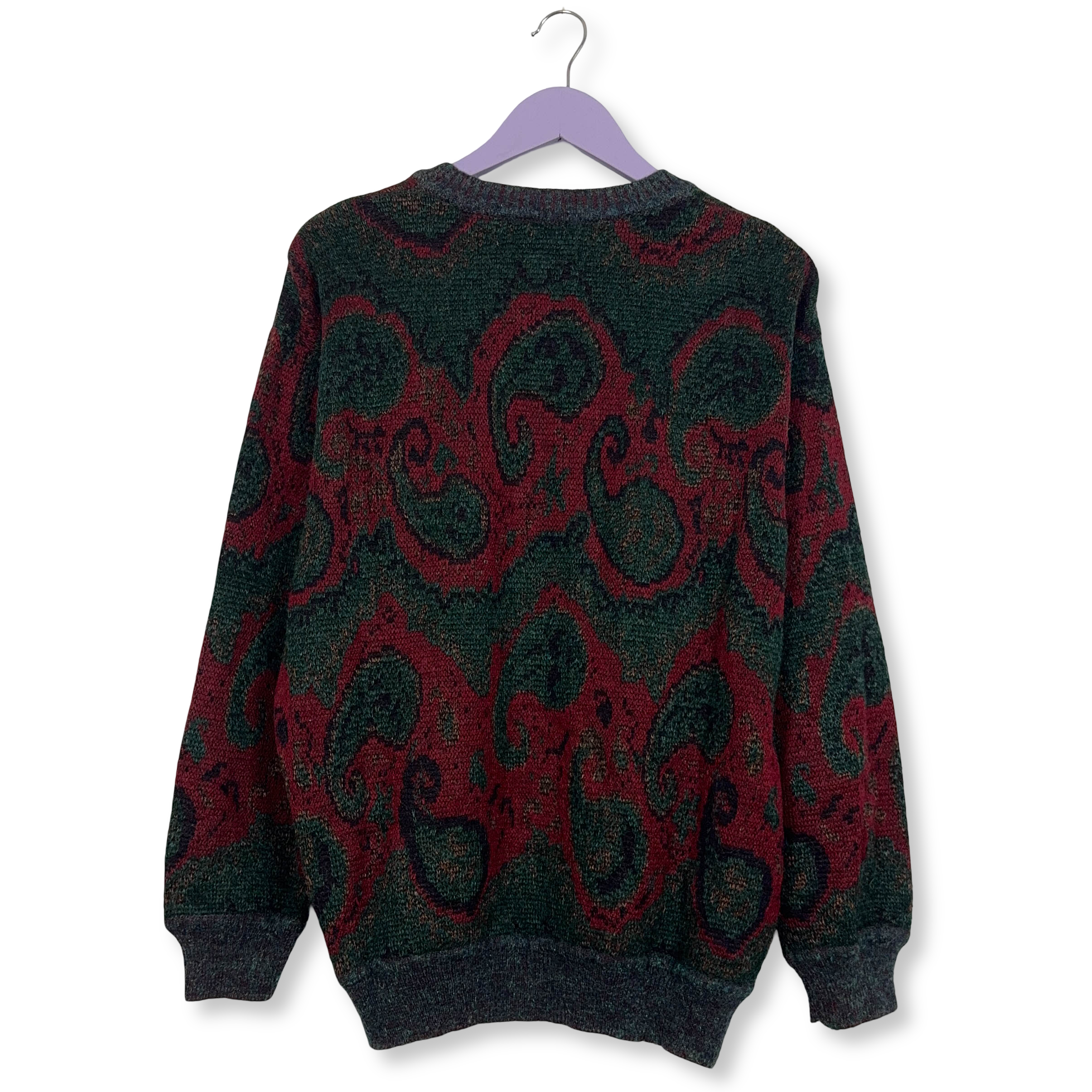 Maglione Vintage verde scuro e rosso misto lana astratto girocollo - Taglia 6 uomo