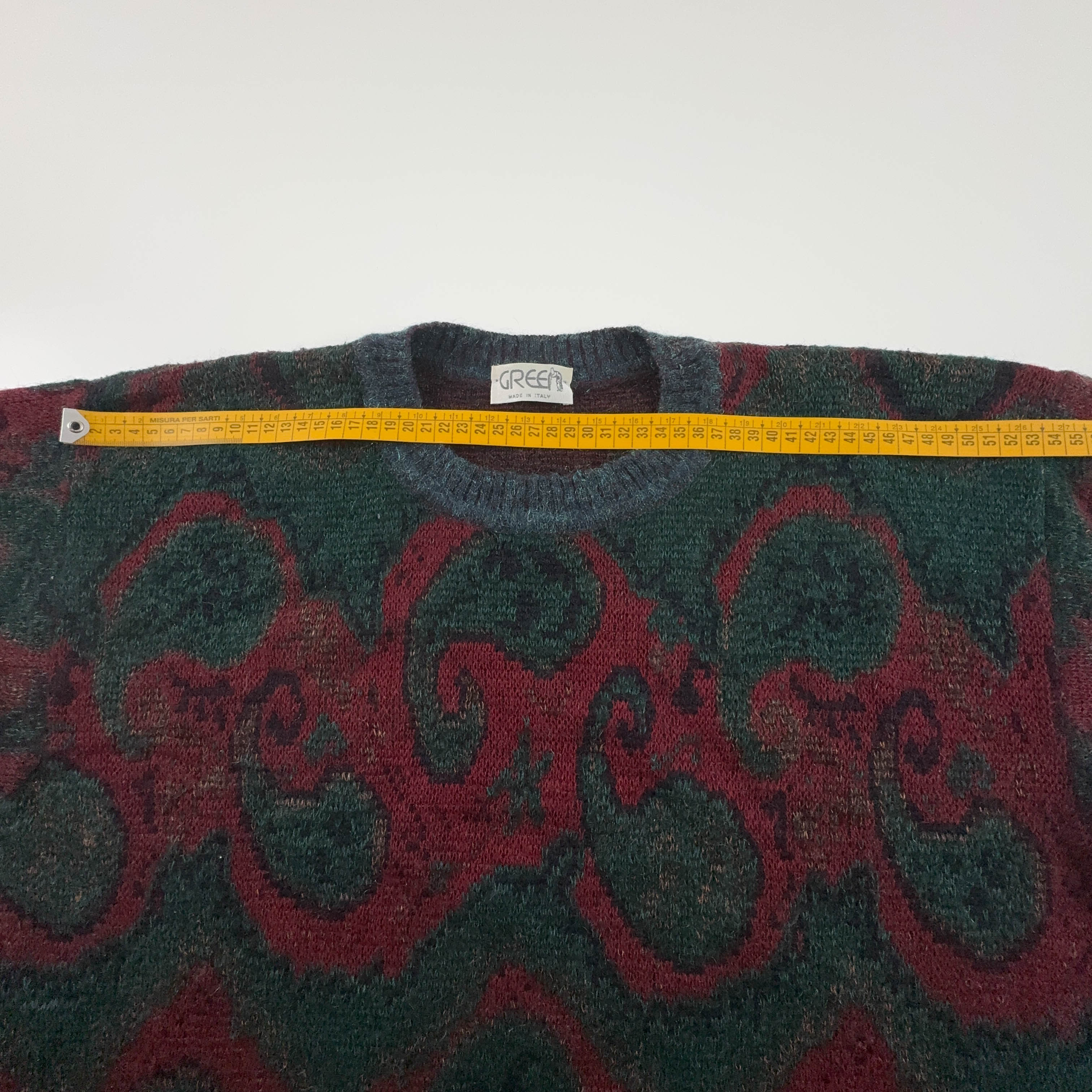 Maglione Vintage verde scuro e rosso misto lana astratto girocollo - Taglia 6 uomo