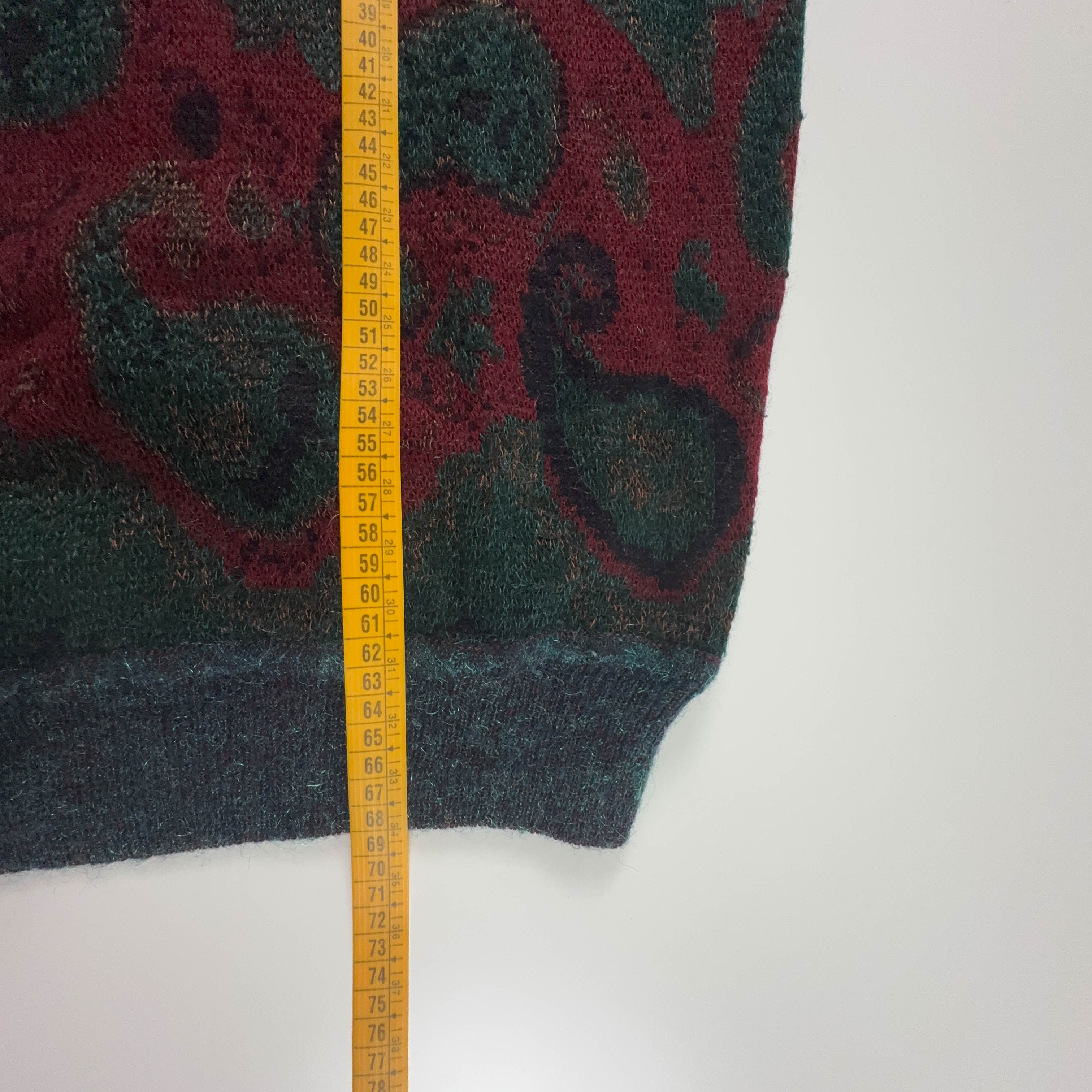 Maglione Vintage verde scuro e rosso misto lana astratto girocollo - Taglia 6 uomo