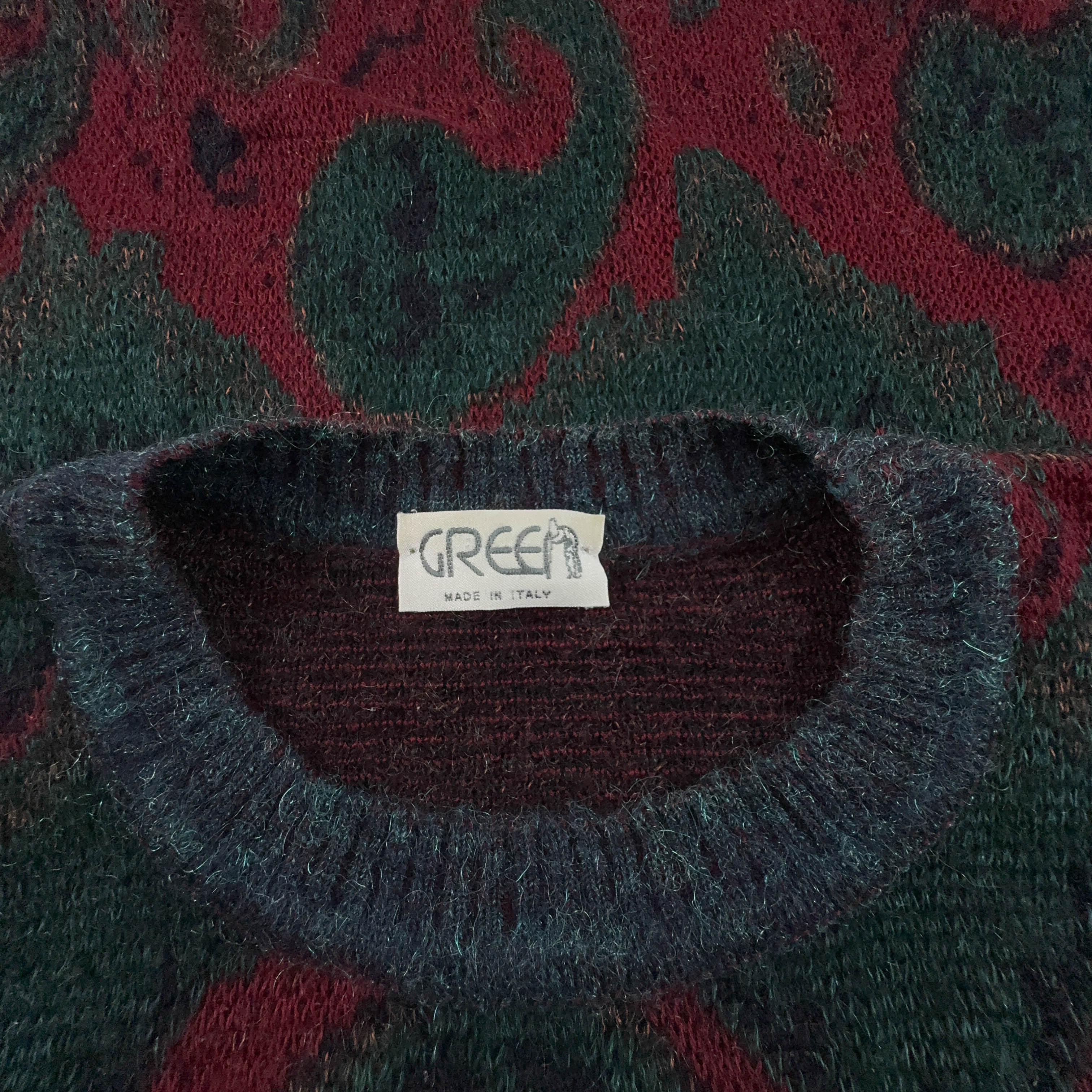 Maglione Vintage verde scuro e rosso misto lana astratto girocollo - Taglia 6 uomo