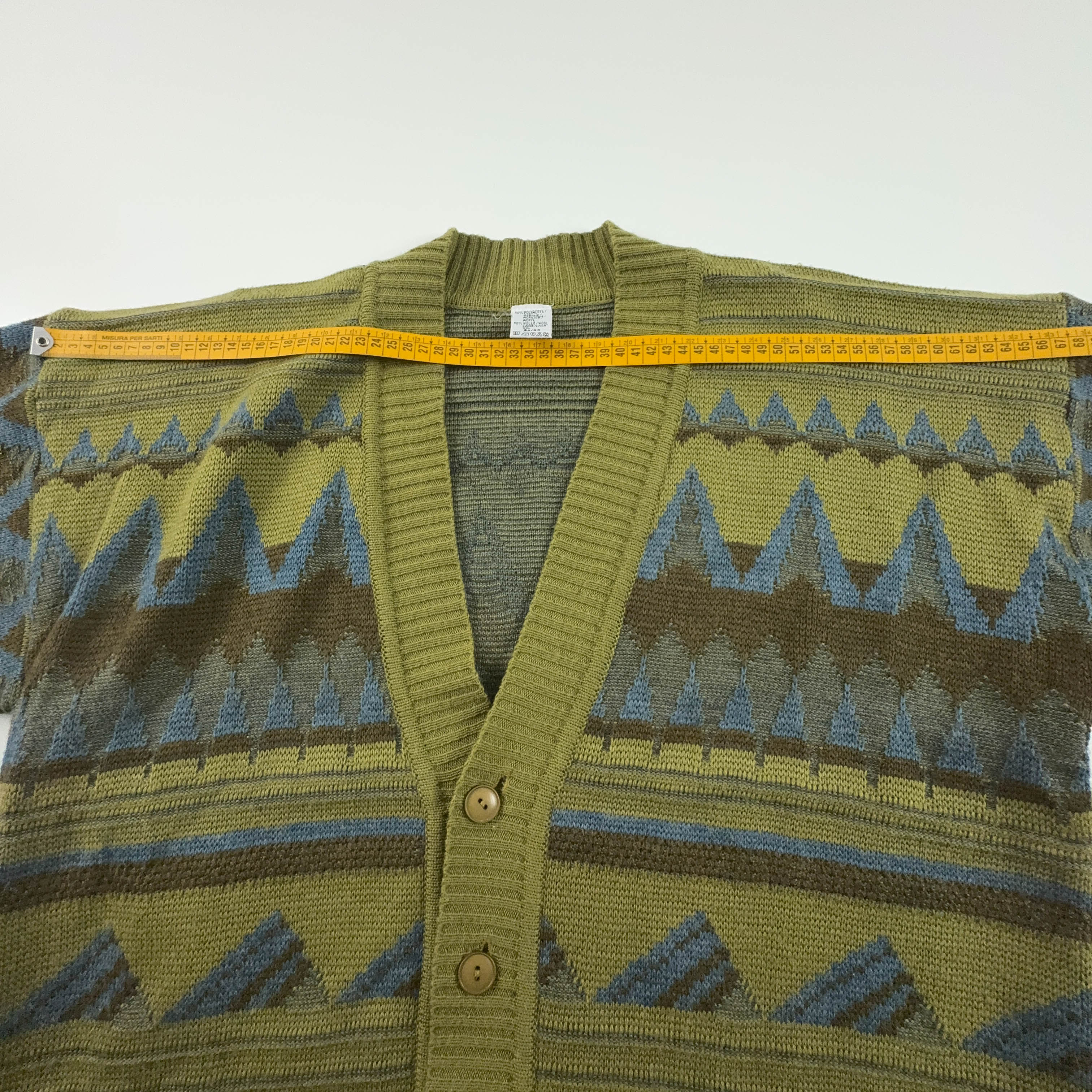 Cardigan Vintage verde geometrico 50% lana anni 80 90 - Taglia 52/54 uomo