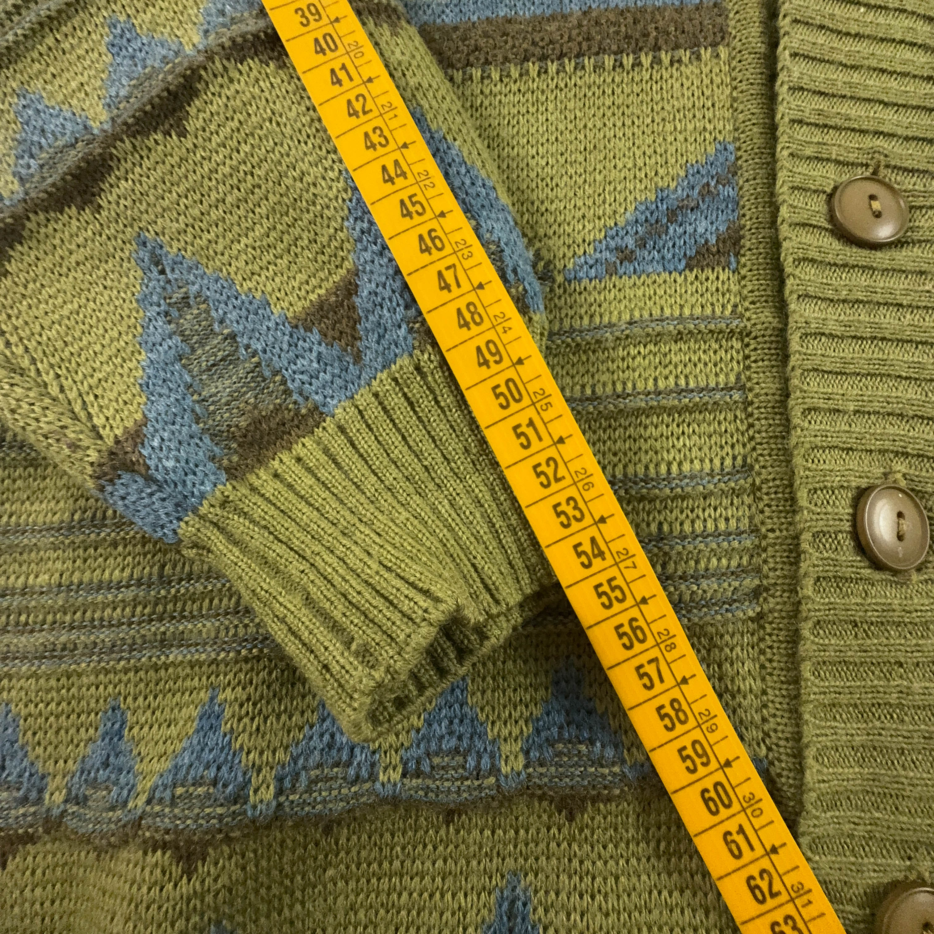 Cardigan Vintage verde geometrico 50% lana anni 80 90 - Taglia 52/54 uomo