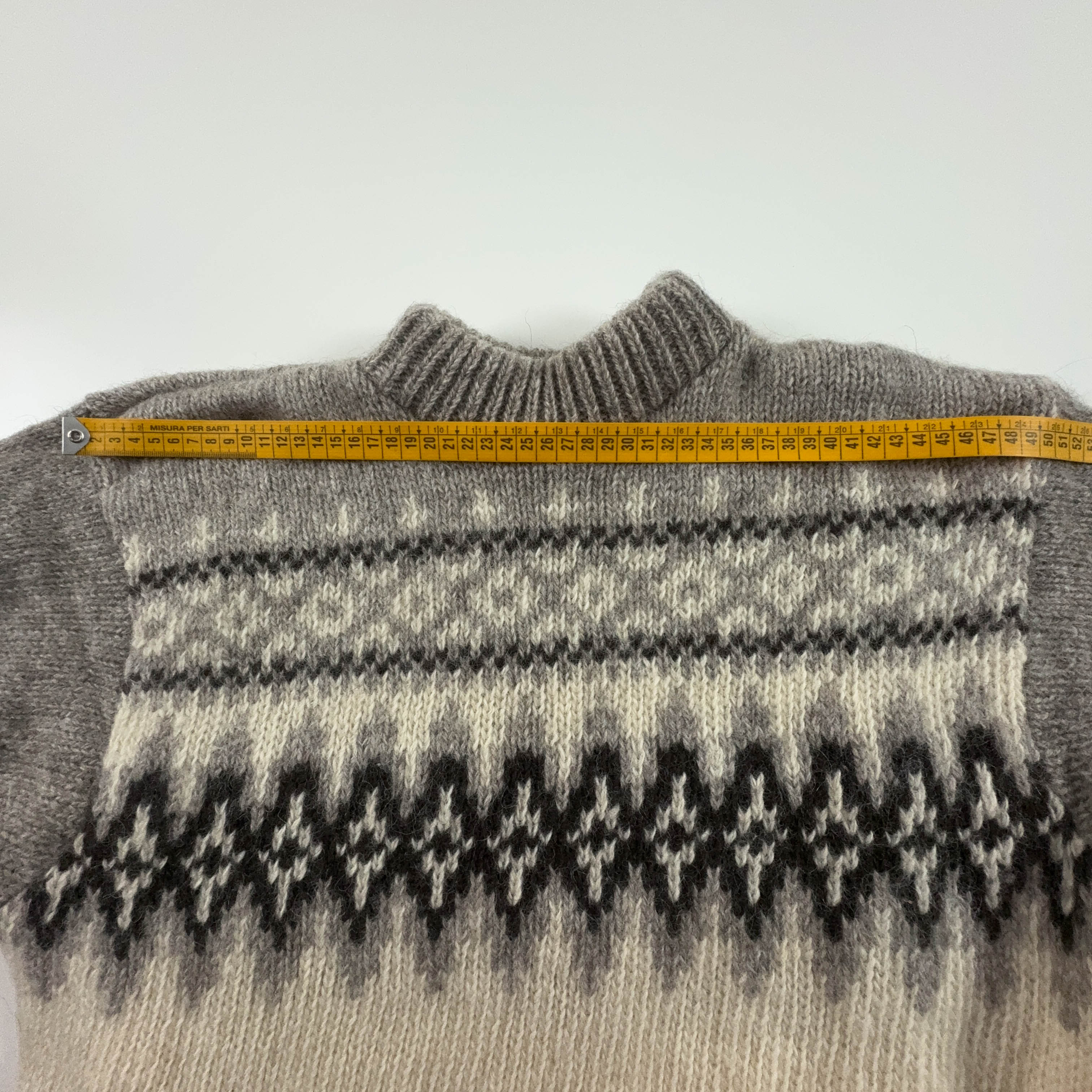 Maglione Vintage panna grigio geometrico girocollo 100% lana anni 80 90 - Taglia 52 uomo