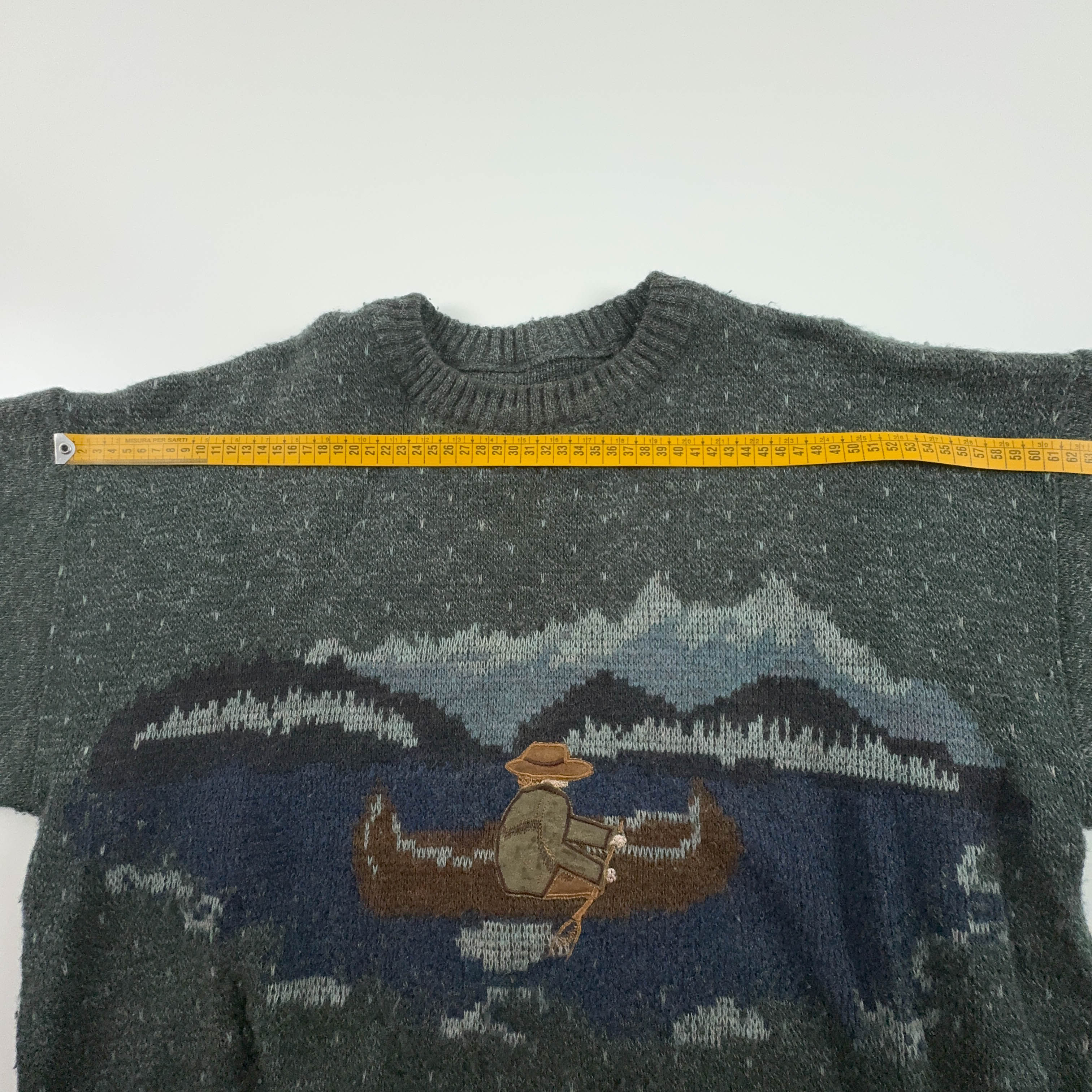 Maglione Vintage grigio verdastro misto lana girocollo ricamo anni 80 90 - Taglia M uomo