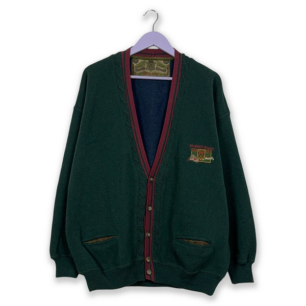Green Vintage Cardigan 60% Wool Made in Italy with Buttons and Embroidery - Size XL/XXL Men