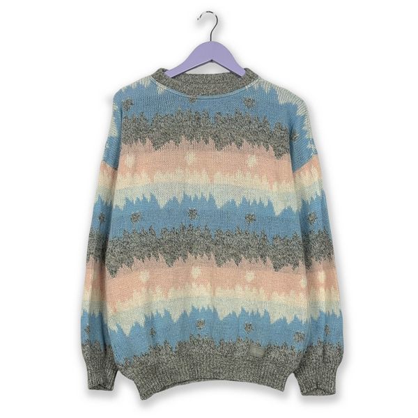 Vintage Crewneck Sweater with Multi-Color Pattern in Wool Blend - Size L Men