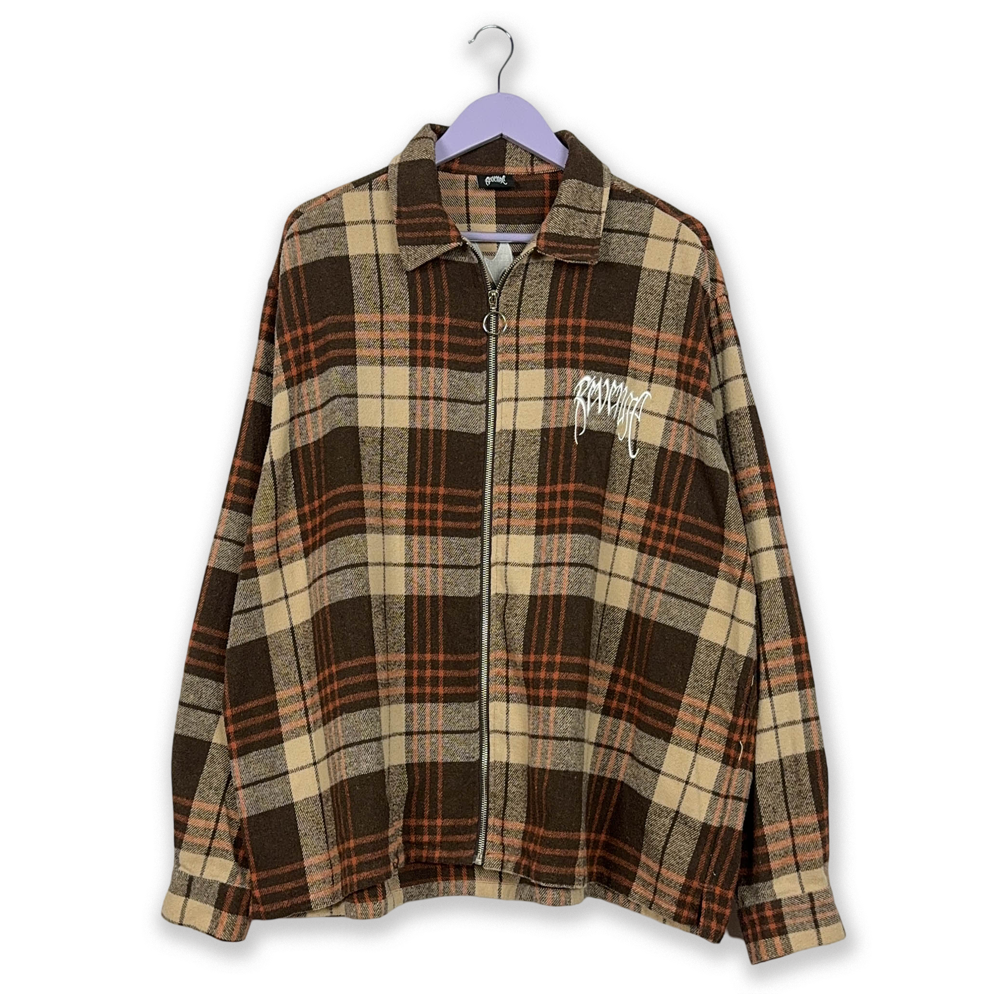 Camicia Vintage invernale a quadri beige e marrone Revenge made in USA con ricamo - Taglia XL uomo