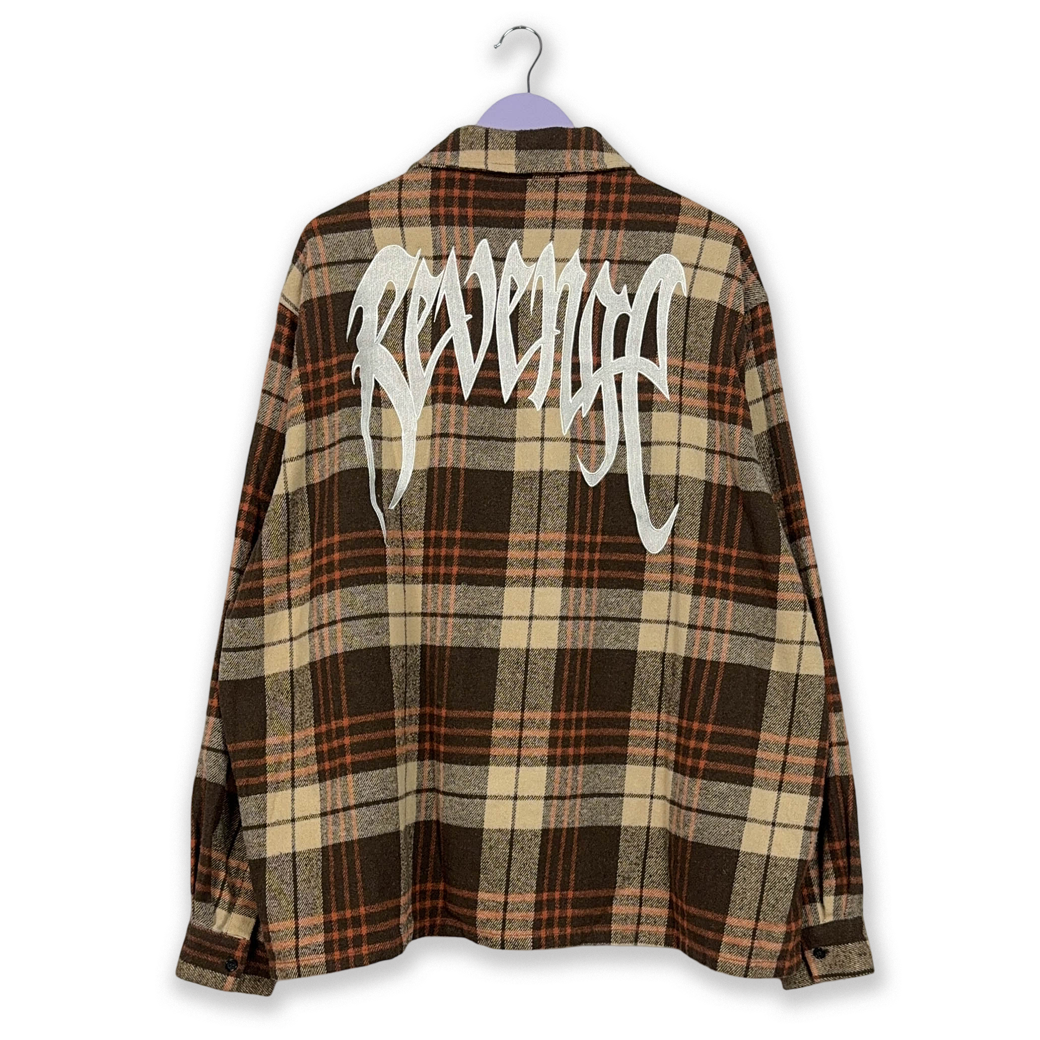 Camicia Vintage invernale a quadri beige e marrone Revenge made in USA con ricamo - Taglia XL uomo