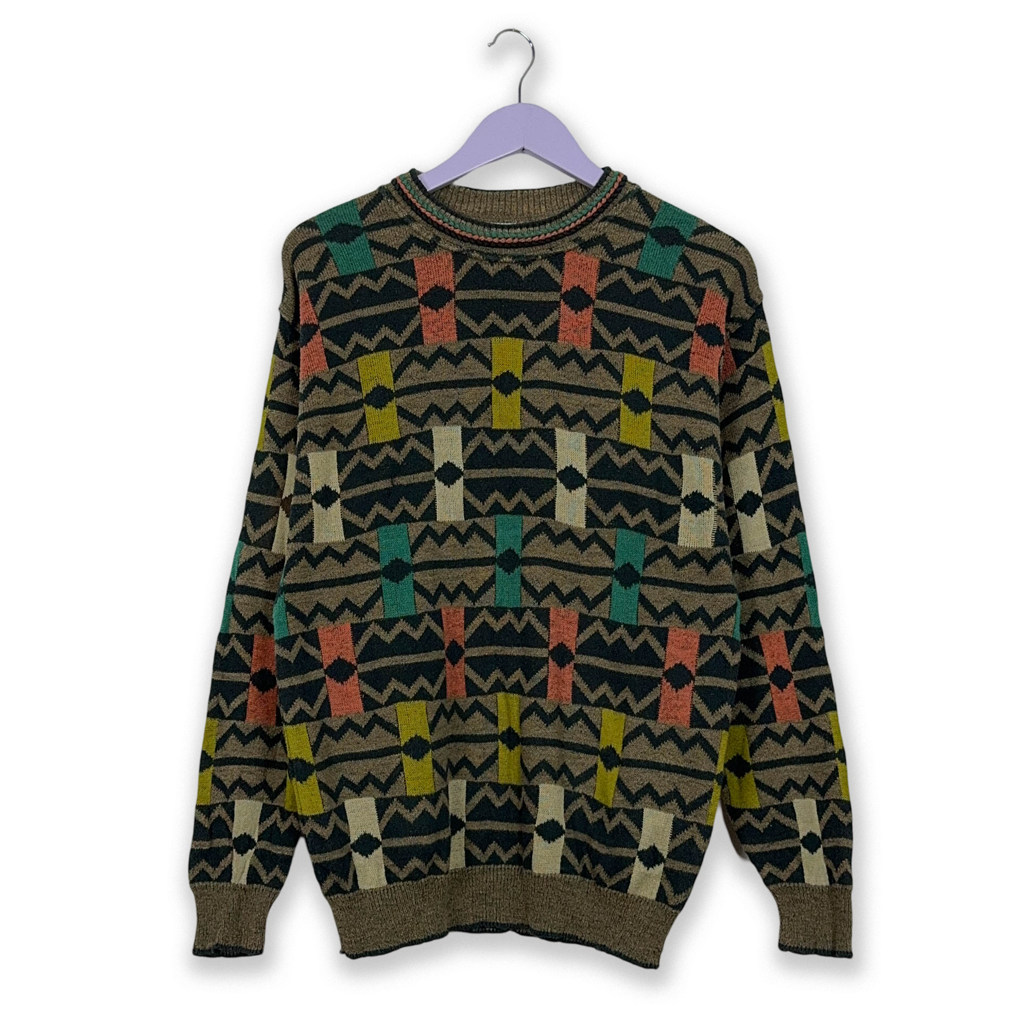 Maglione Vintage leggero a girocollo a fantasia verde misto cotone - Taglia 50 uomo