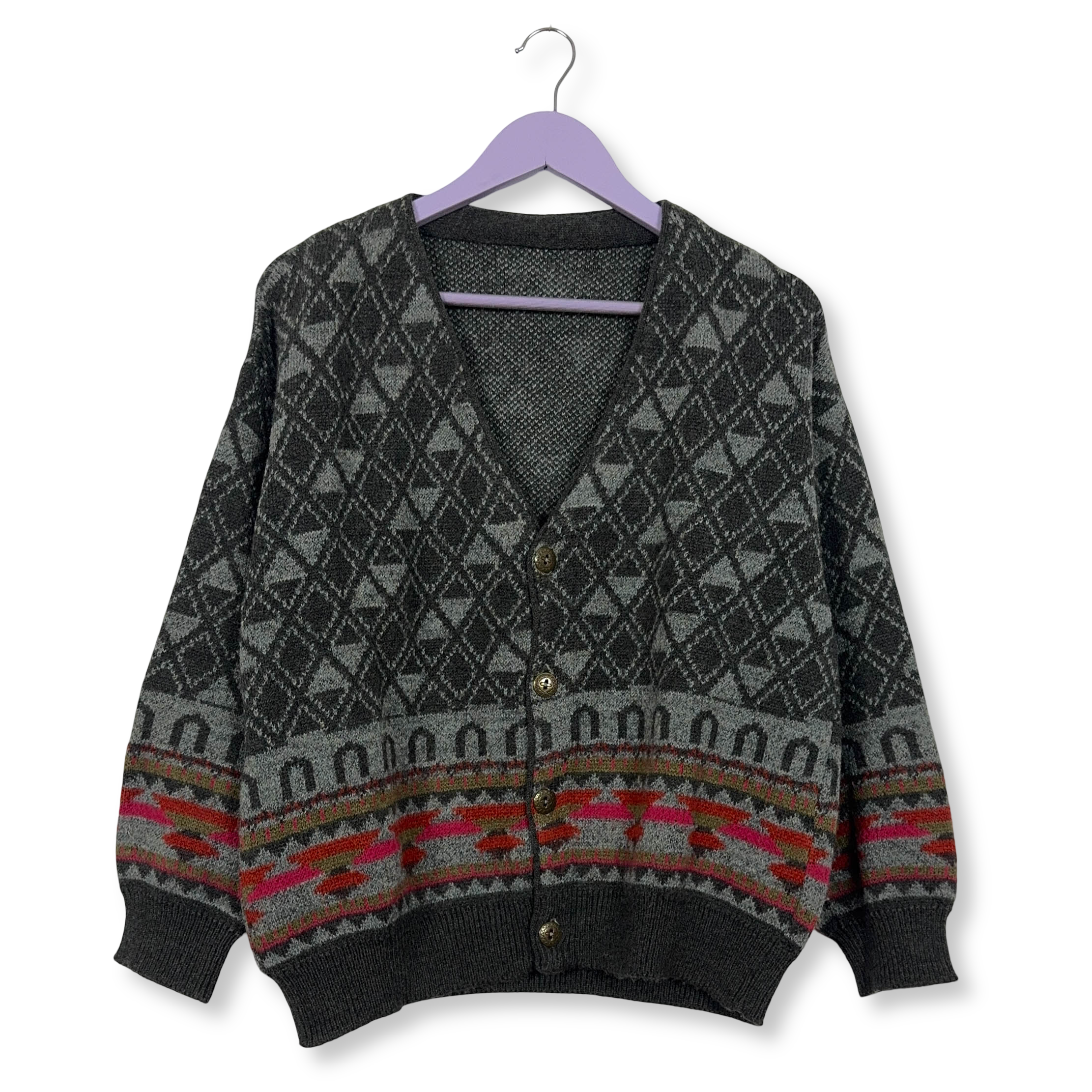 Cardigan Vintage grigio scuro geometrico 30% lana anni 80 90 - Taglia M uomo