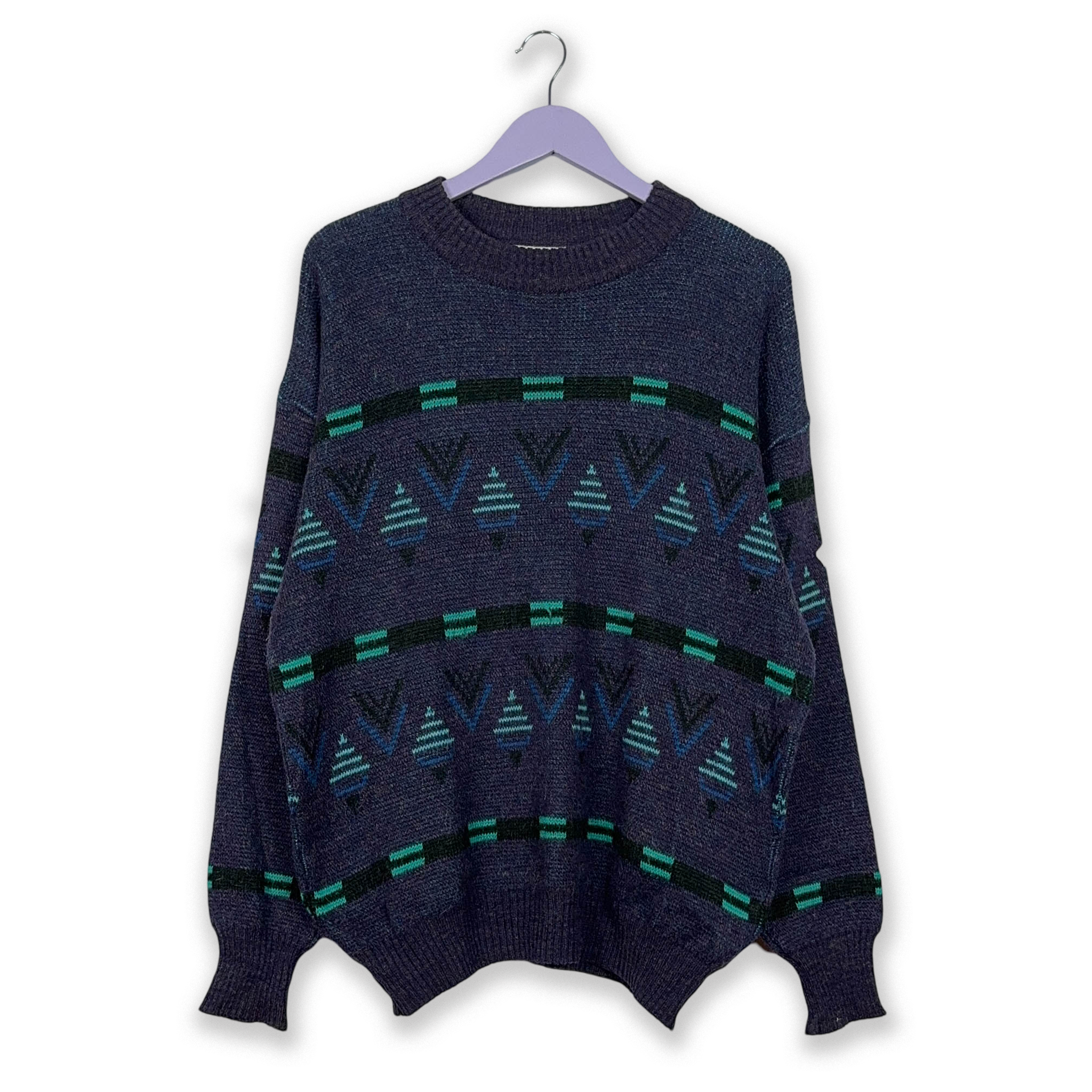 Maglione Adidas Vintage viola 40% lana a fantasia geometrica a girocollo - Taglia 48 uomo