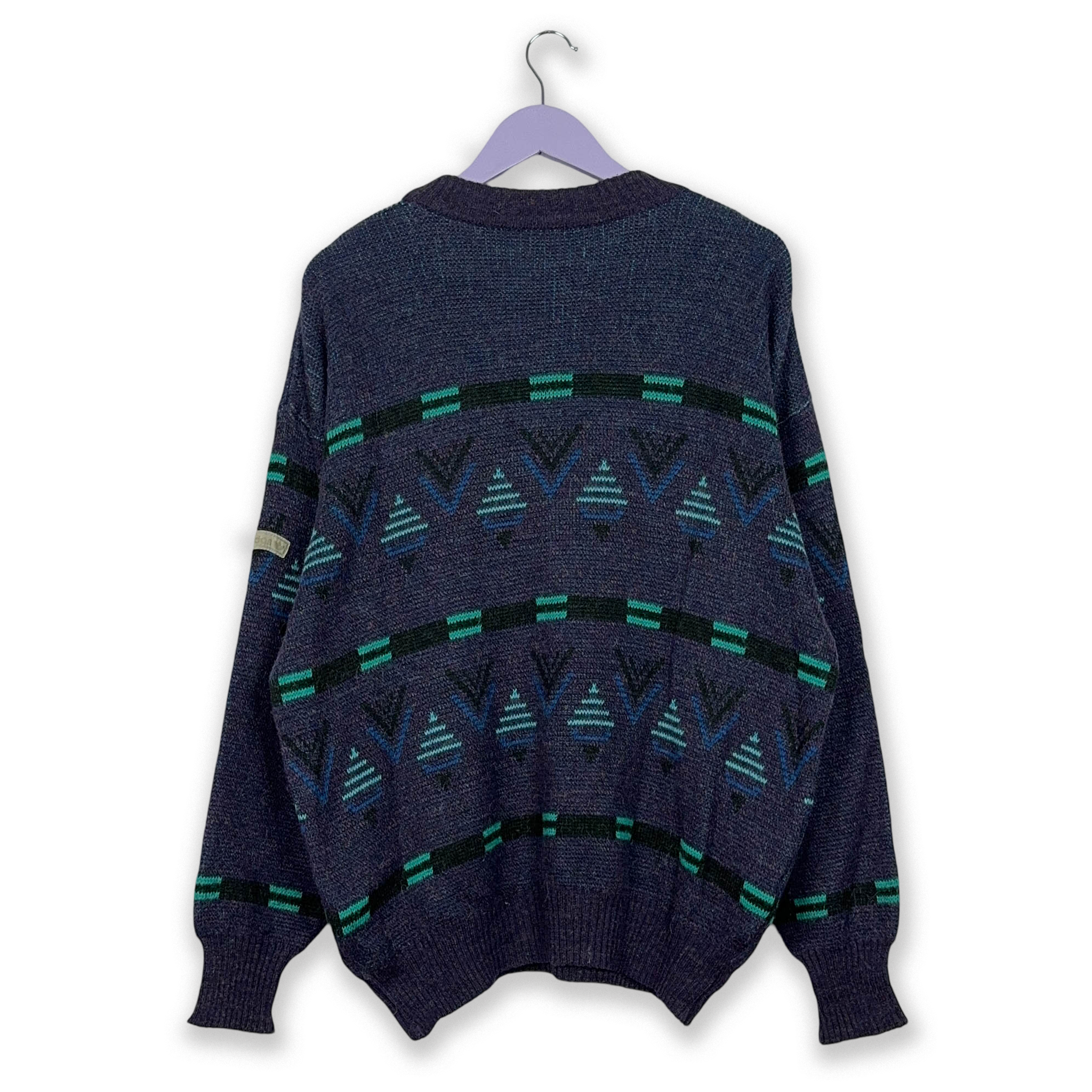 Maglione Adidas Vintage viola 40% lana a fantasia geometrica a girocollo - Taglia 48 uomo