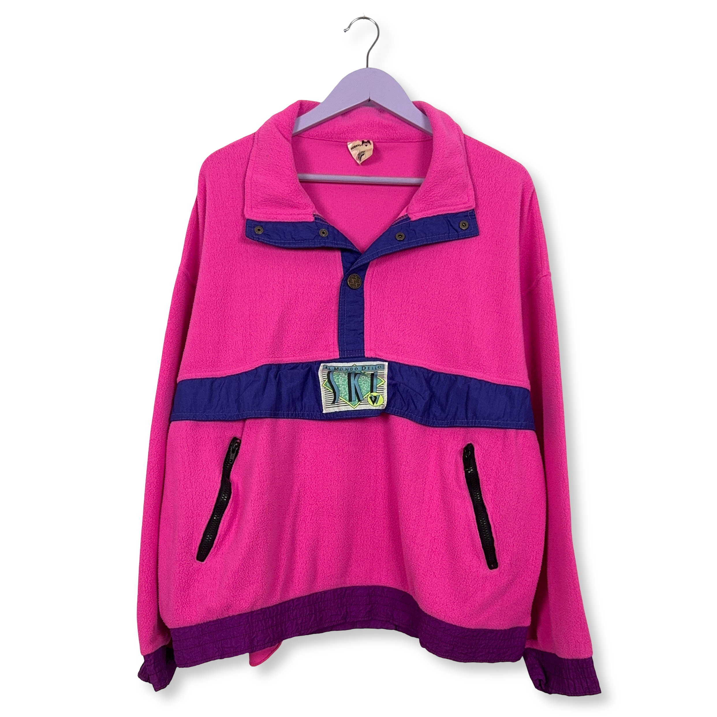 Pile Vintage rosa e viola con patch anni 80 90 - Taglia L uomo