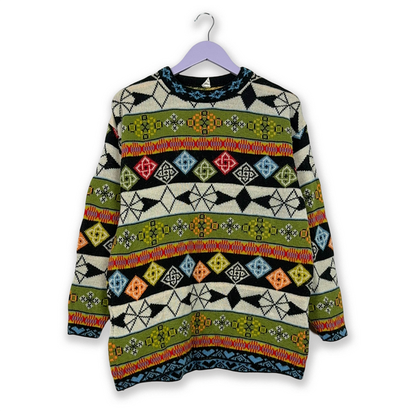 Vintage Crewneck Sweater 30% Wool Multicolor Green Pattern - Size M Men