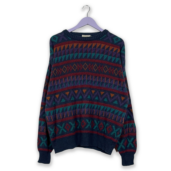 Vintage Enrico Gorlani Blue and Red Crewneck Patterned Sweater - Size 52 Men