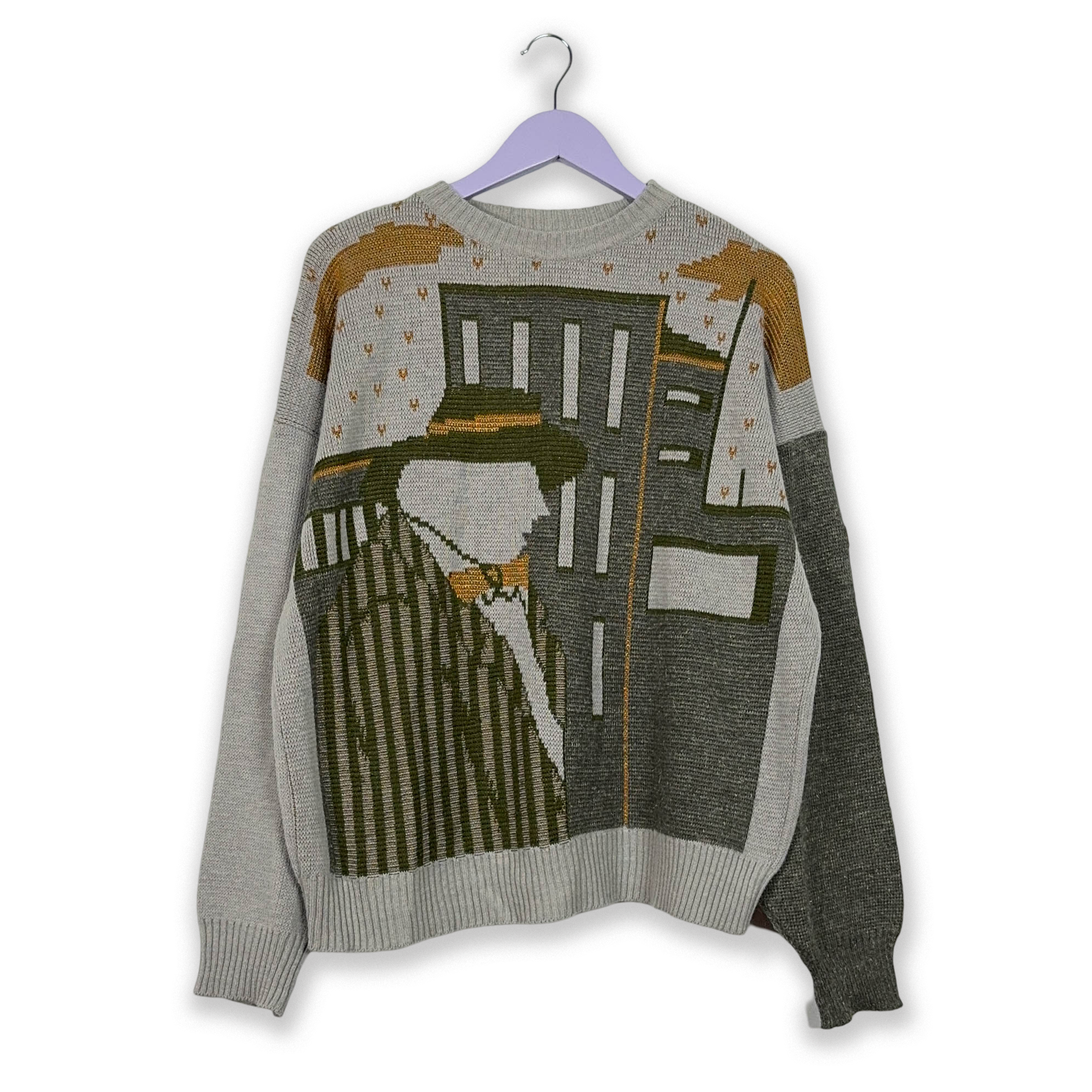 Maglione Vintage misto lana a girocollo grigio con disegno - Taglia 52 uomo