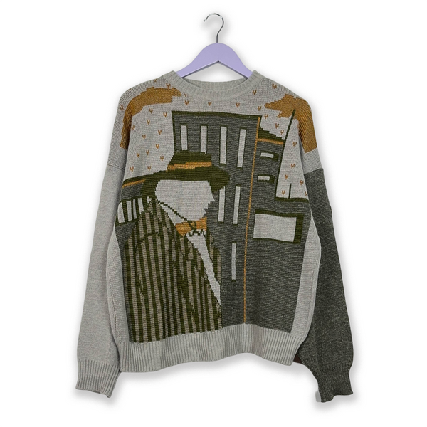 Vintage Grey Crew Neck Wool Blend Sweater with Design - Size 52 Men