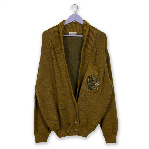Vintage 55% Wool Golden Brown Cardigan with Buttons at Bottom and Embroidery - Size 54 Men