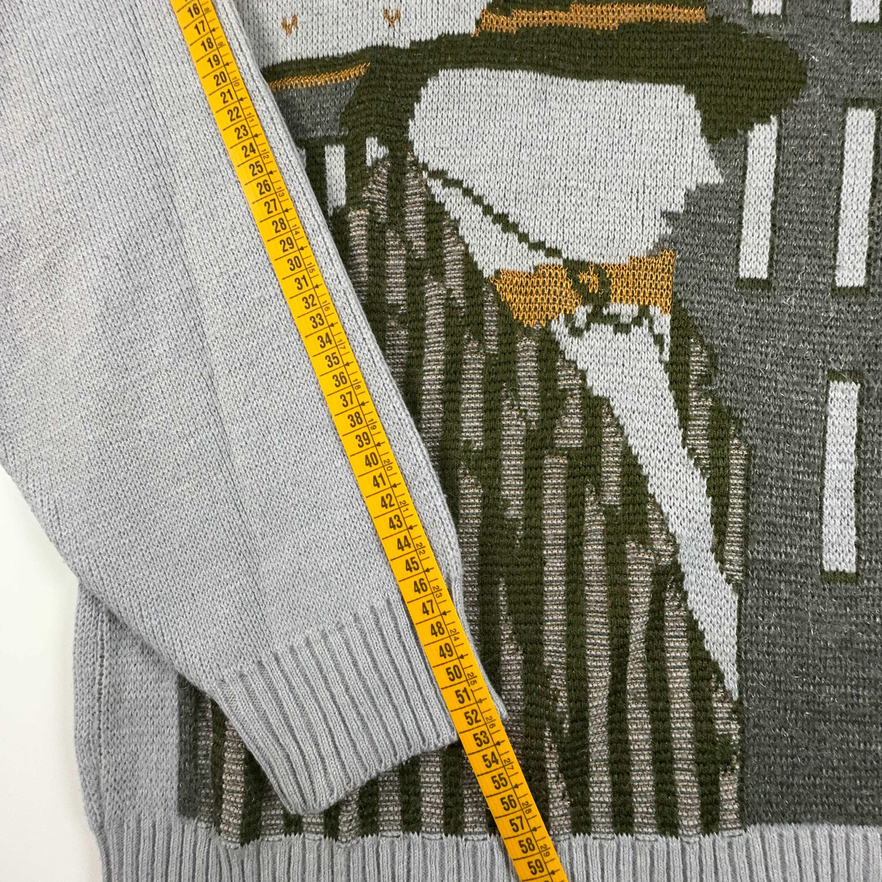 Maglione Vintage misto lana a girocollo grigio con disegno - Taglia 52 uomo