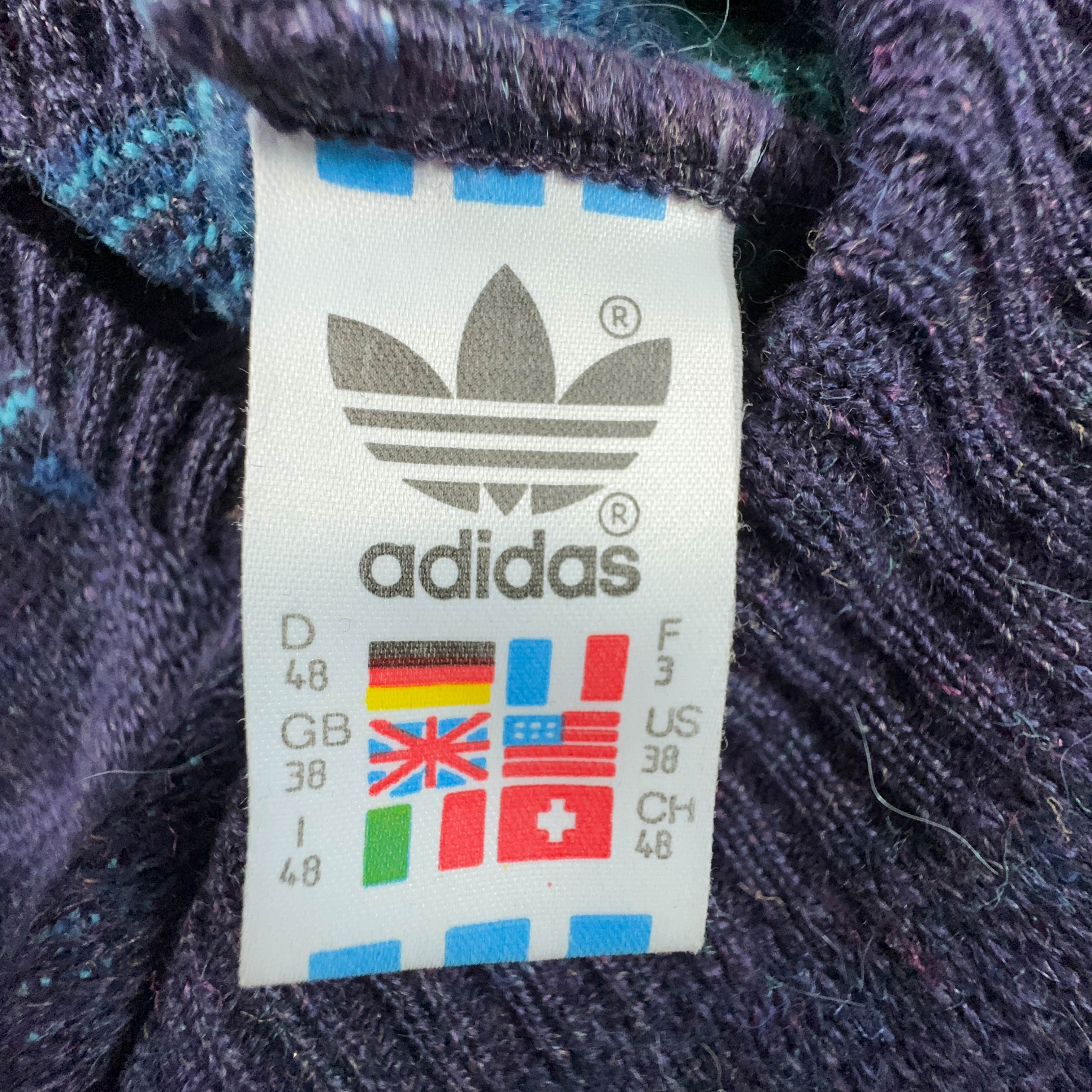 Maglione Adidas Vintage viola 40% lana a fantasia geometrica a girocollo - Taglia 48 uomo