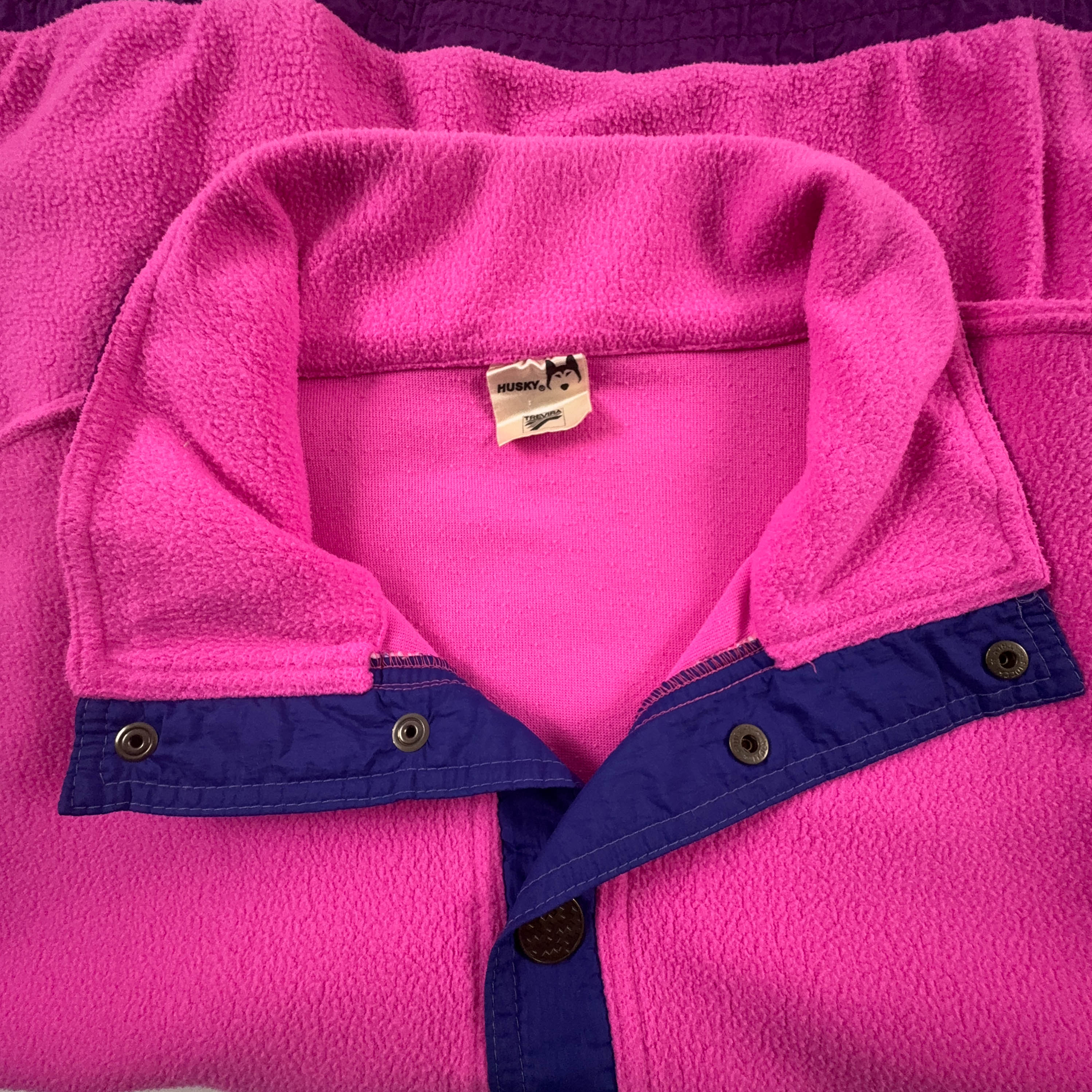 Pile Vintage rosa e viola con patch anni 80 90 - Taglia L uomo