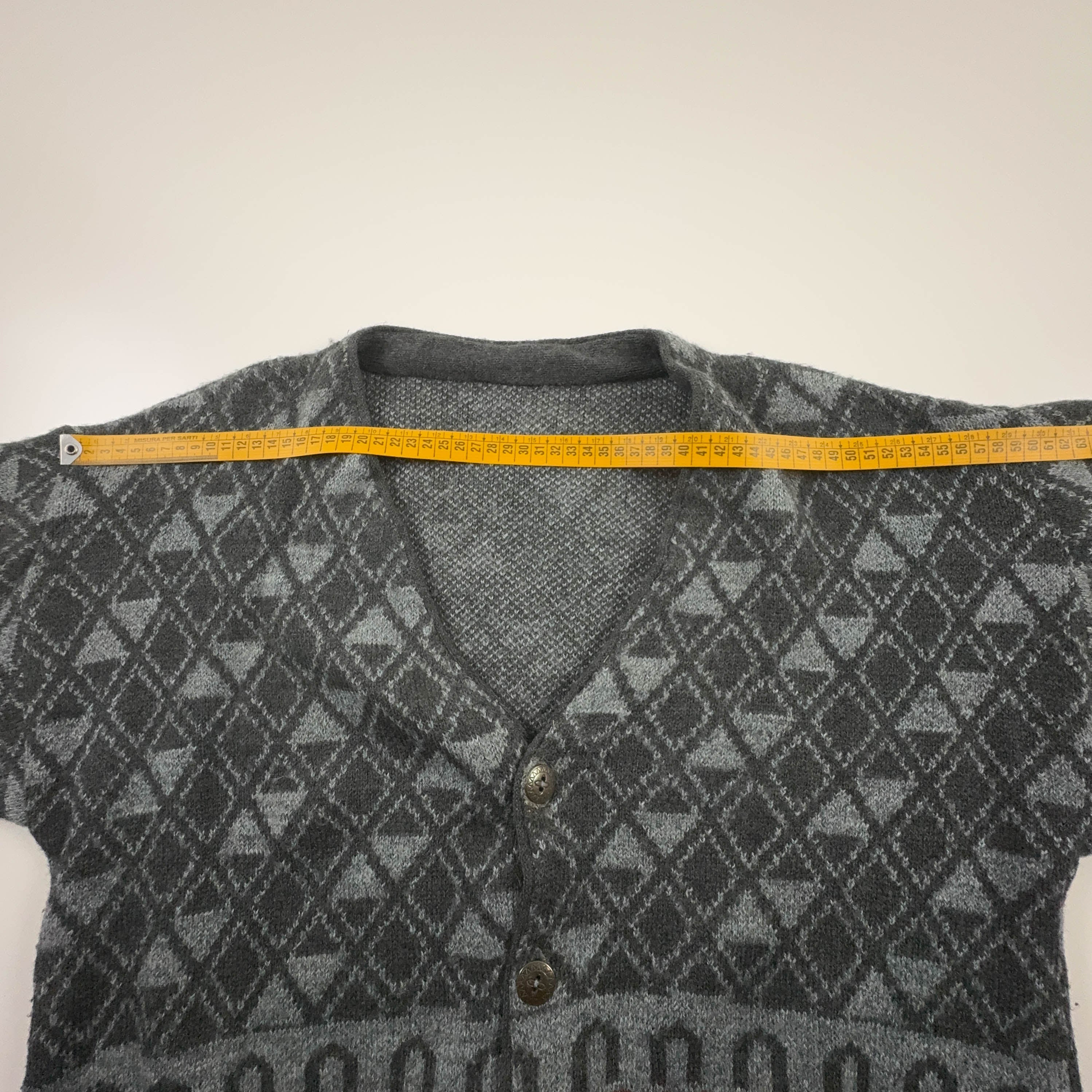 Cardigan Vintage grigio scuro geometrico 30% lana anni 80 90 - Taglia M uomo