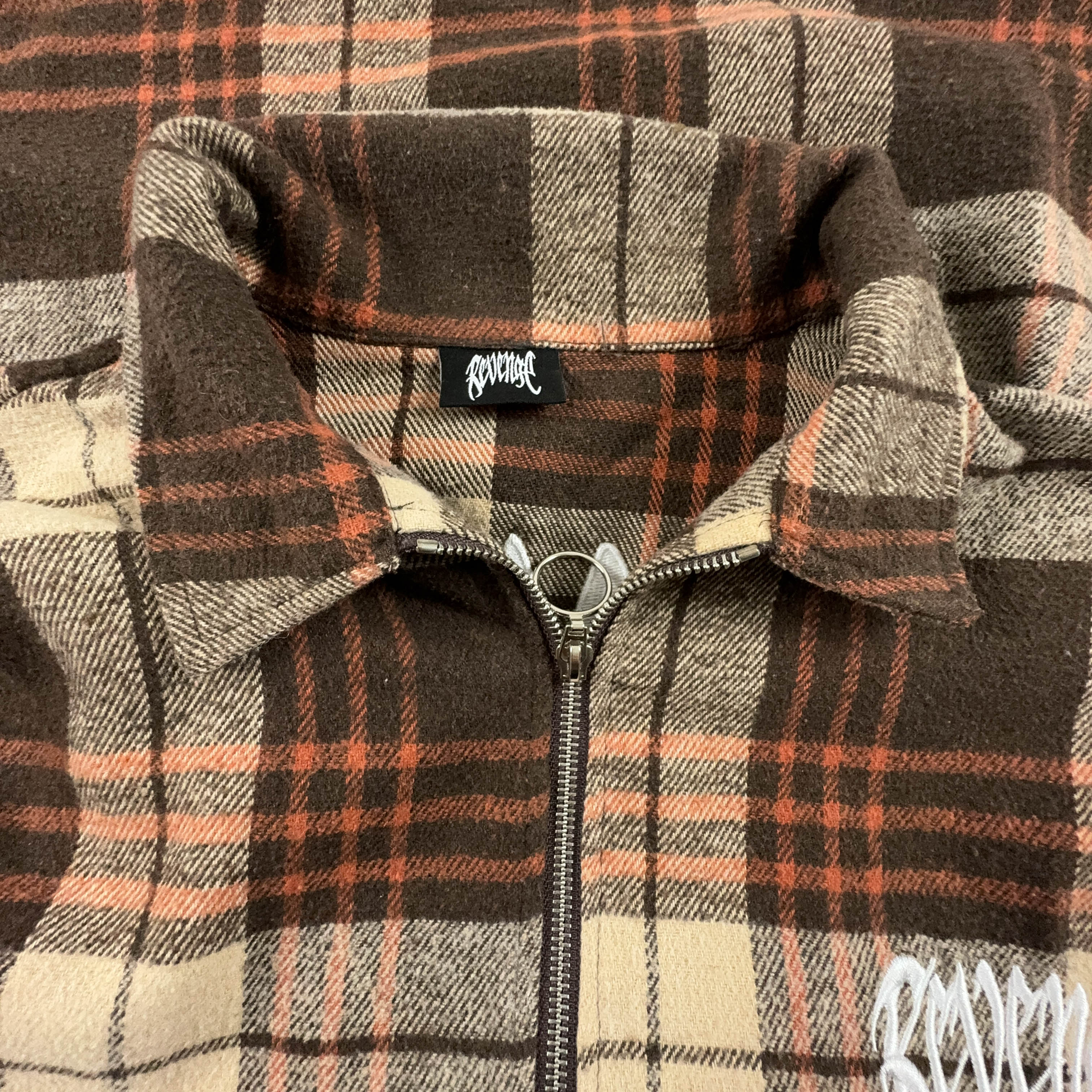 Camicia Vintage invernale a quadri beige e marrone Revenge made in USA con ricamo - Taglia XL uomo