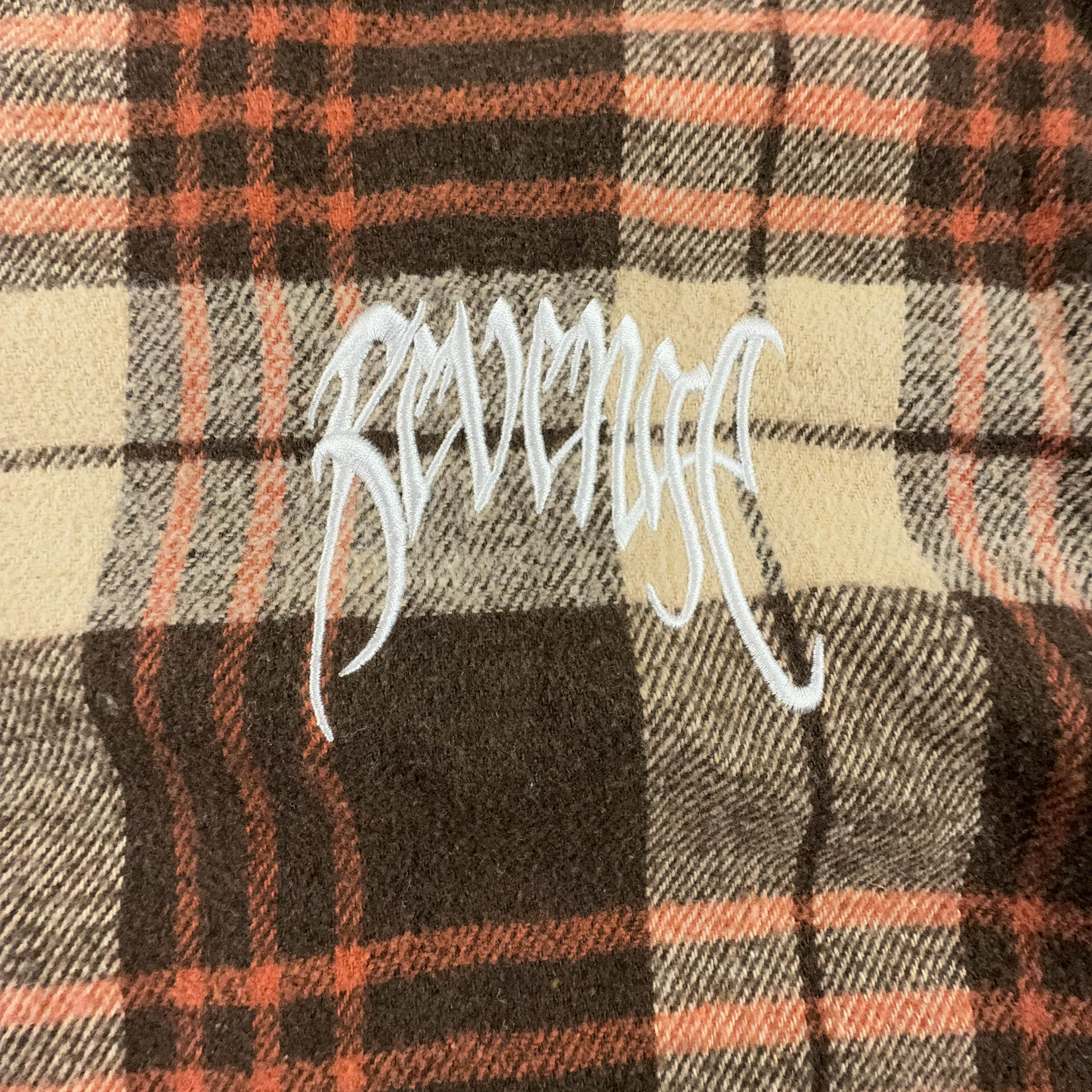 Camicia Vintage invernale a quadri beige e marrone Revenge made in USA con ricamo - Taglia XL uomo