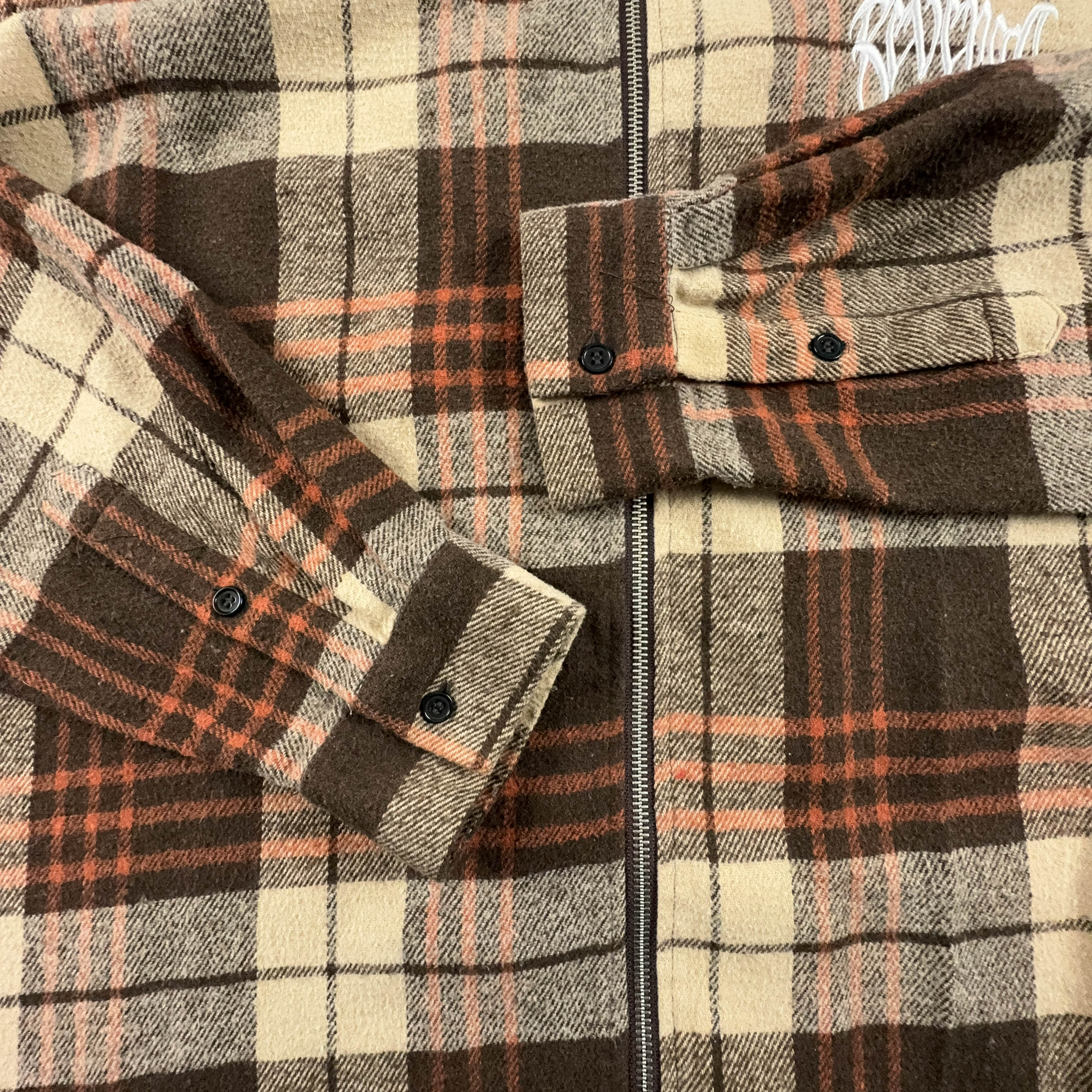 Camicia Vintage invernale a quadri beige e marrone Revenge made in USA con ricamo - Taglia XL uomo