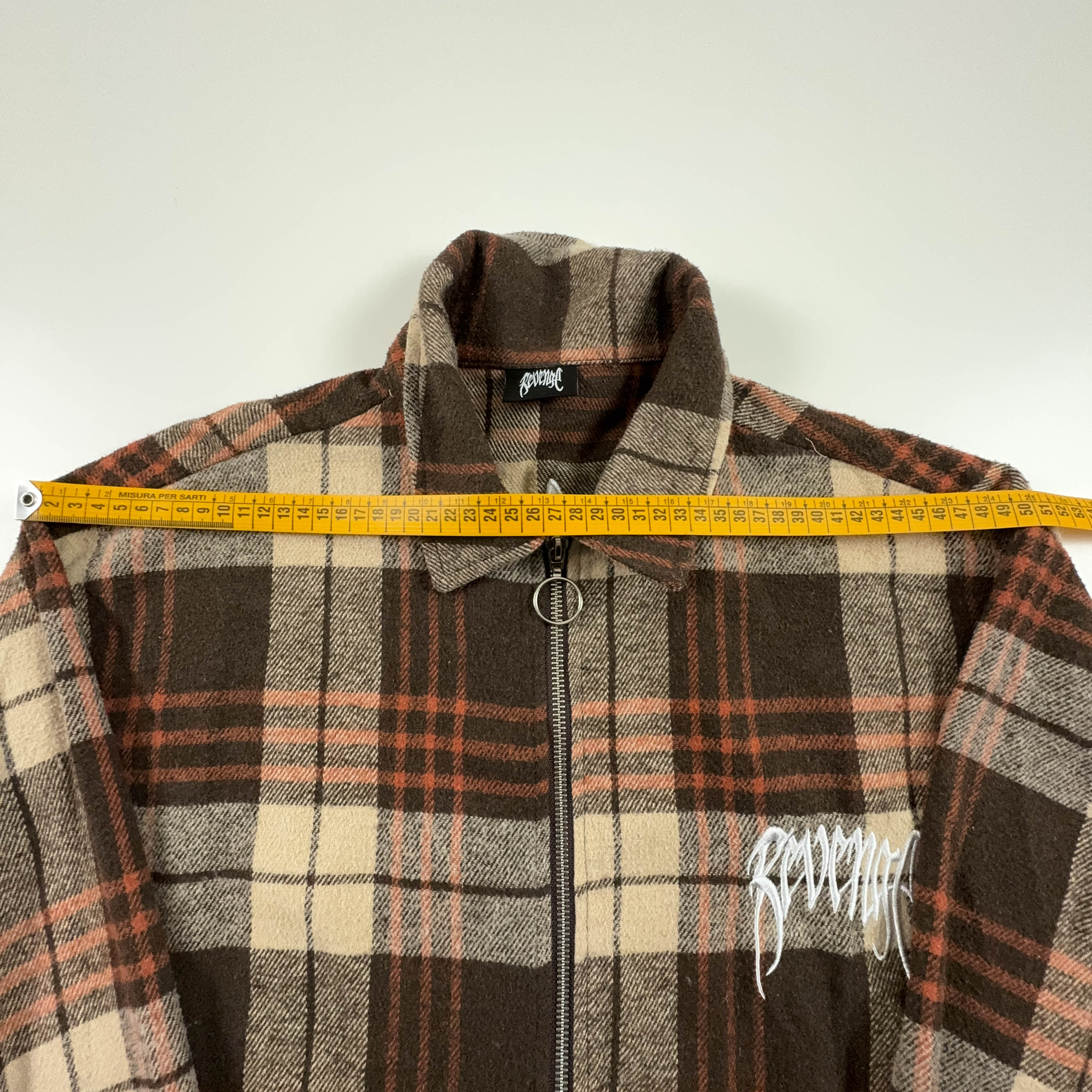 Camicia Vintage invernale a quadri beige e marrone Revenge made in USA con ricamo - Taglia XL uomo