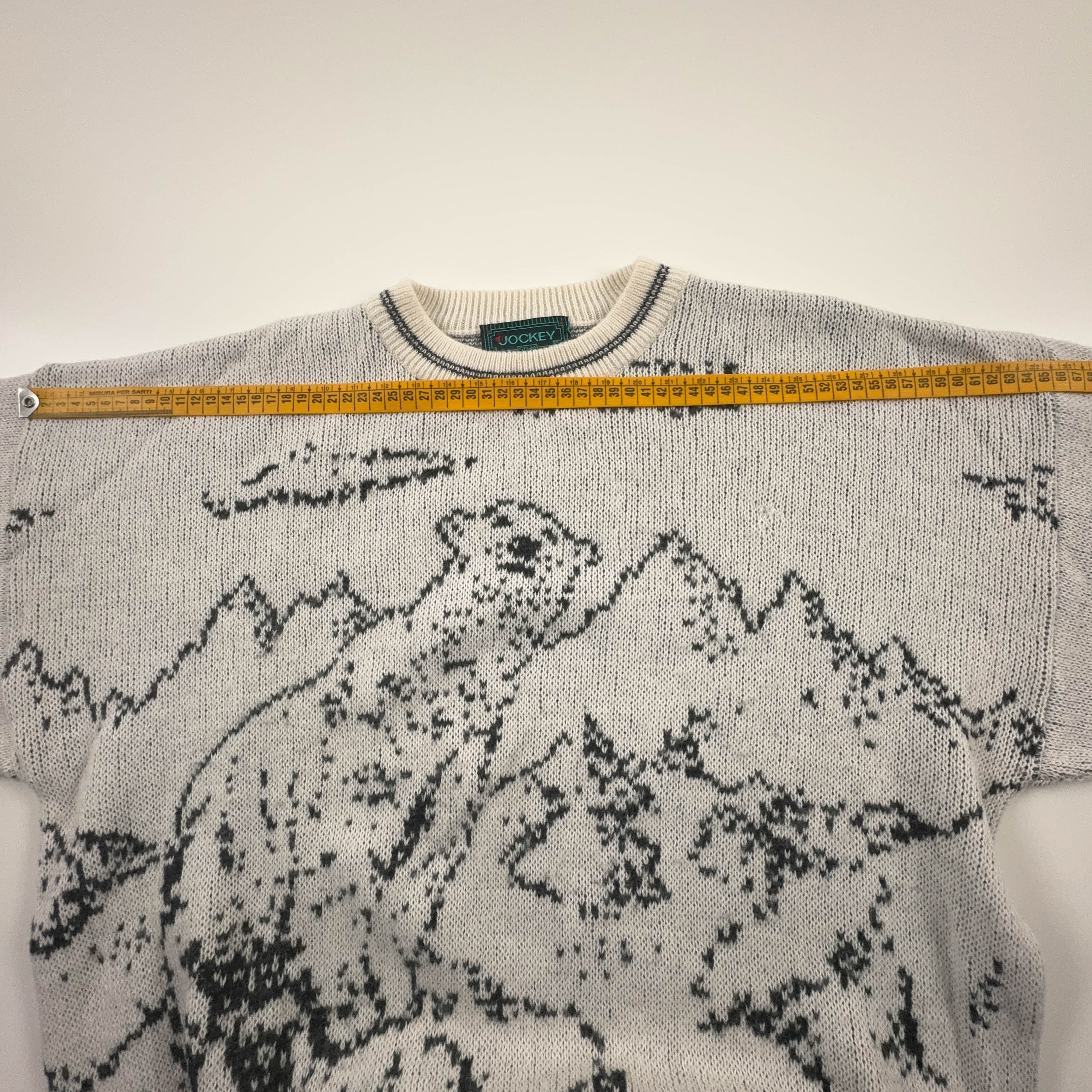 Maglione Vintage bianco e grigio girocollo con disegno anni 80 90 - Taglia M uomo