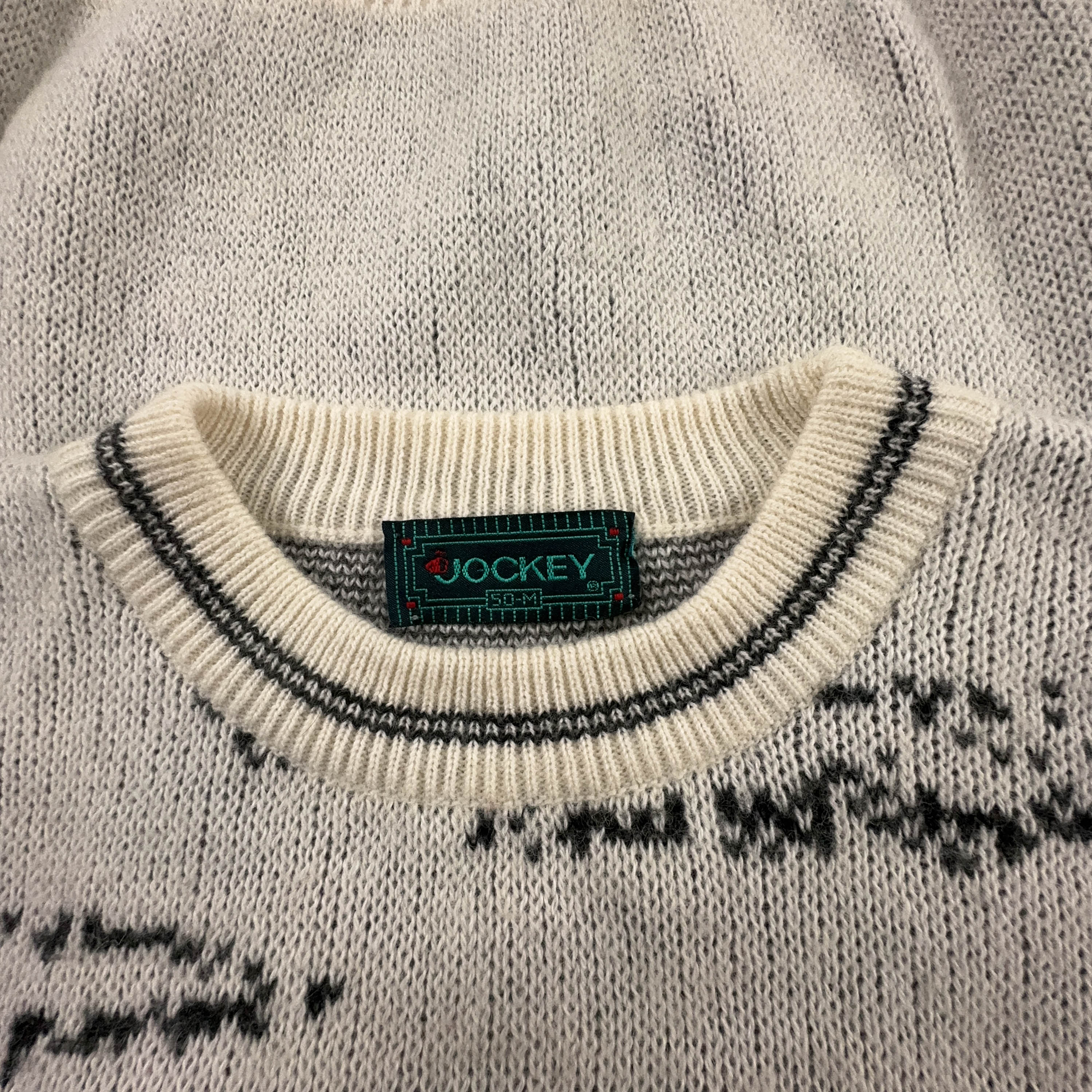 Maglione Vintage bianco e grigio girocollo con disegno anni 80 90 - Taglia M uomo
