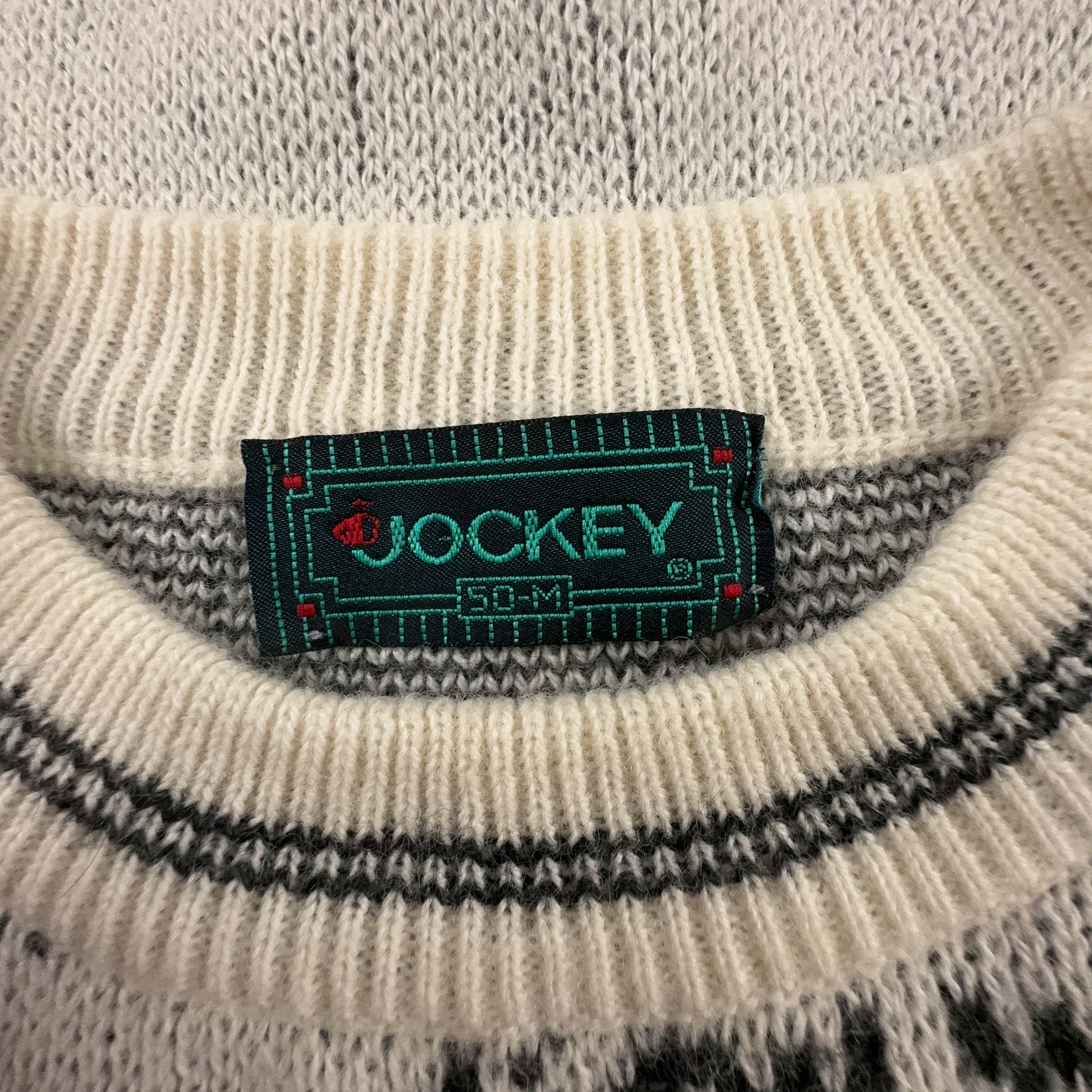 Maglione Vintage bianco e grigio girocollo con disegno anni 80 90 - Taglia M uomo