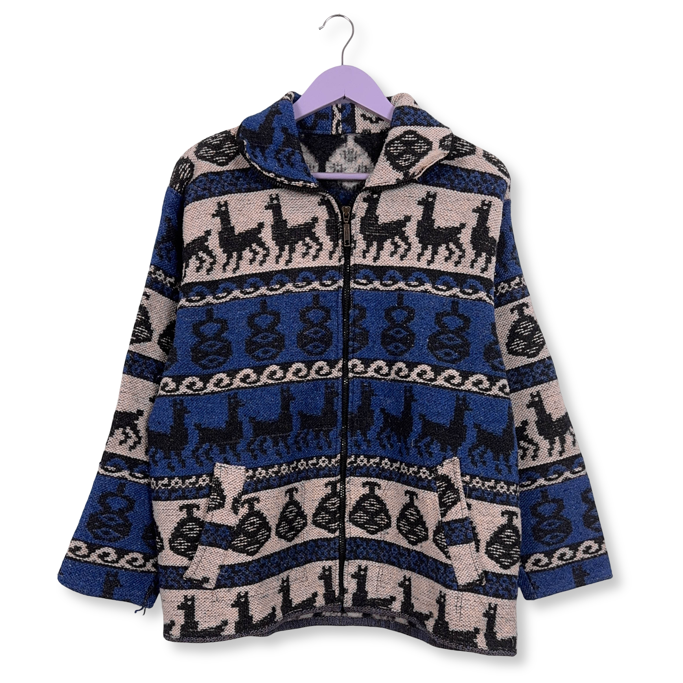 Cardigan Vintage blu e beige fantasia etnica anni 80 90 - Taglia L uomo