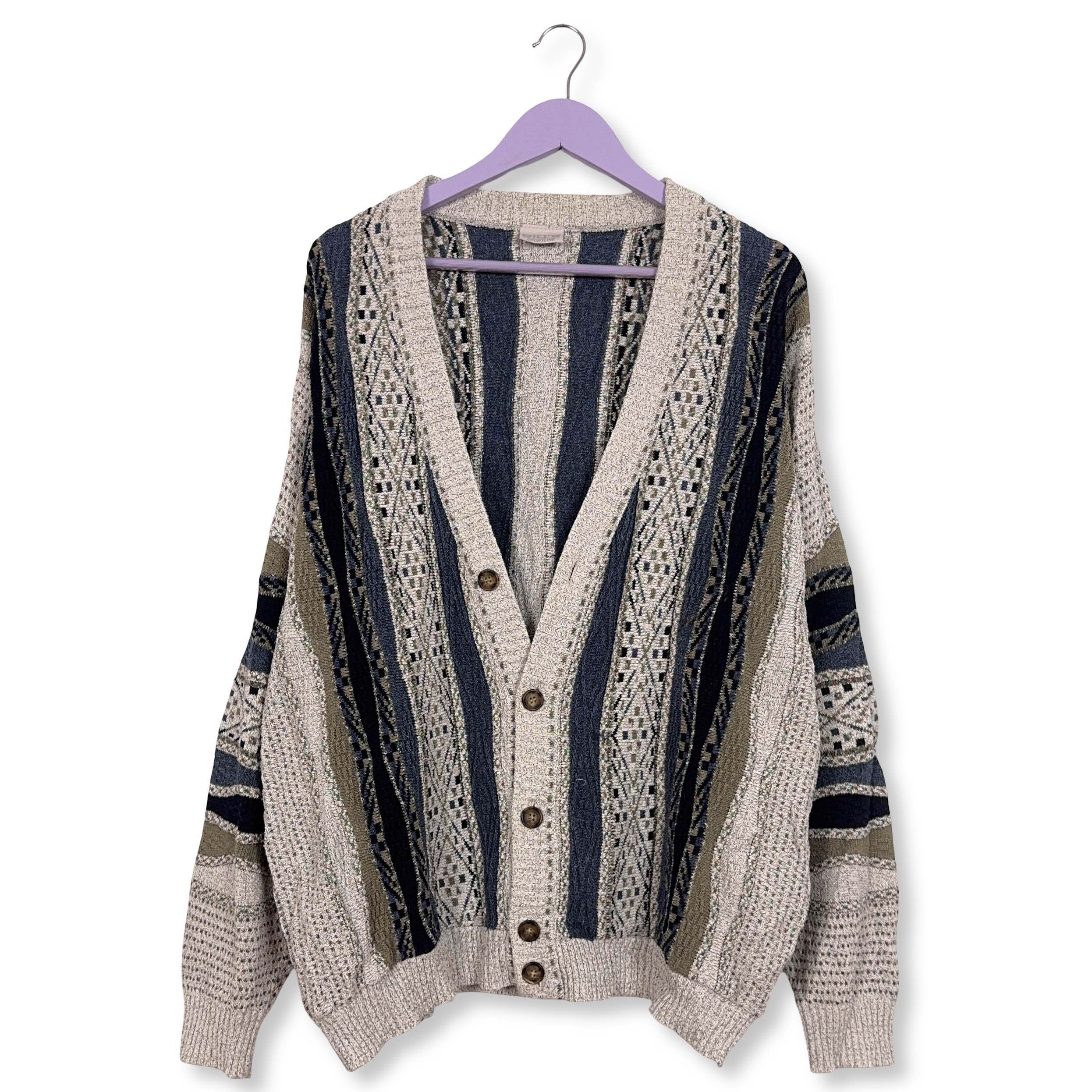 Cardigan Vintage grigio e blu a astratto a righe anni 80 90 - Taglia 52 54 uomo