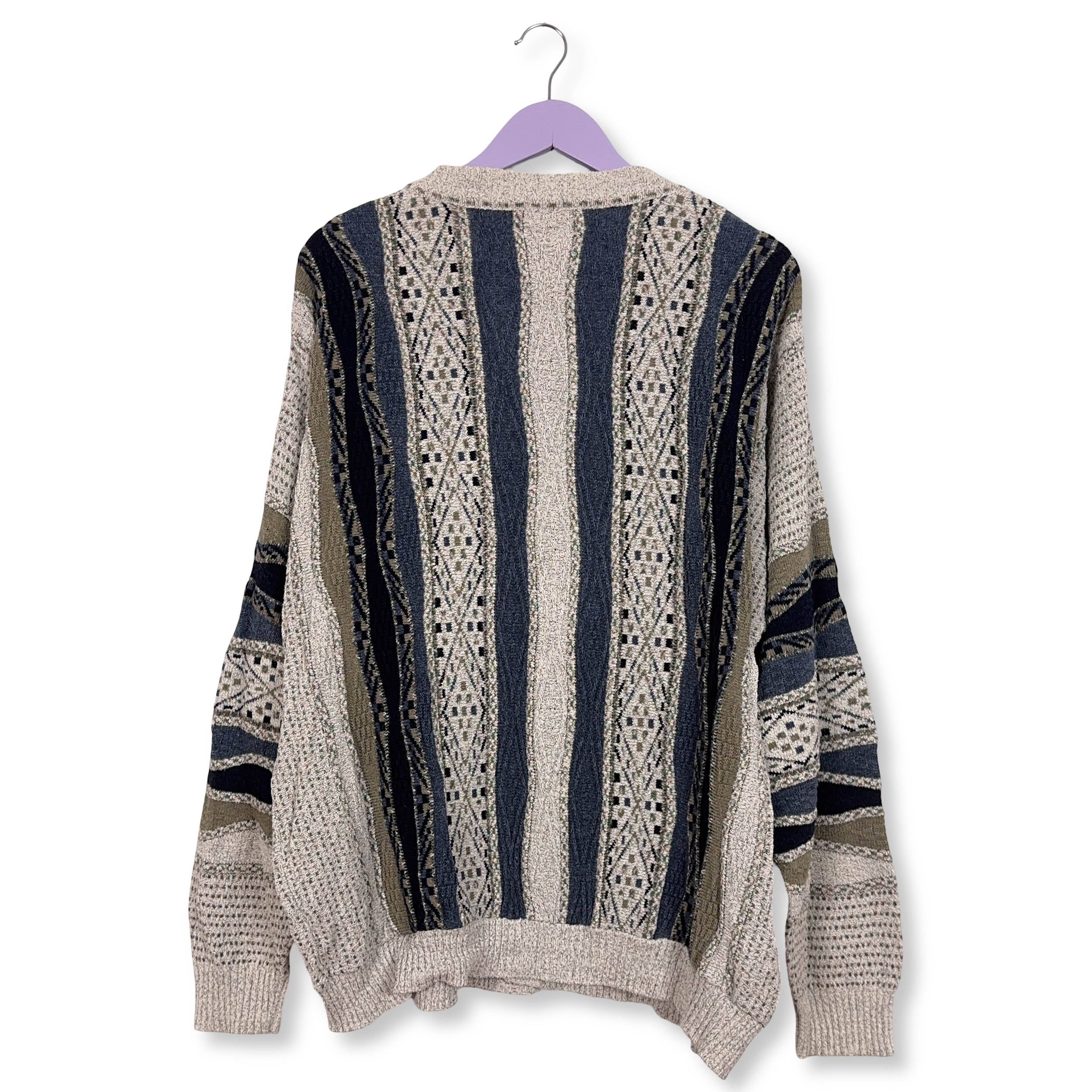 Cardigan Vintage grigio e blu a astratto a righe anni 80 90 - Taglia 52 54 uomo