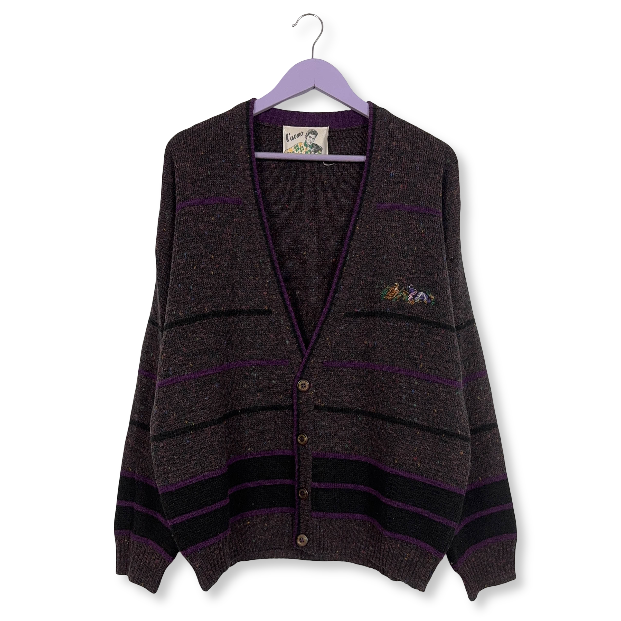 Cardigan L'uomo Vintage grigio viola con ricamo misto lana anni 80 90 - Taglia 54 uomo