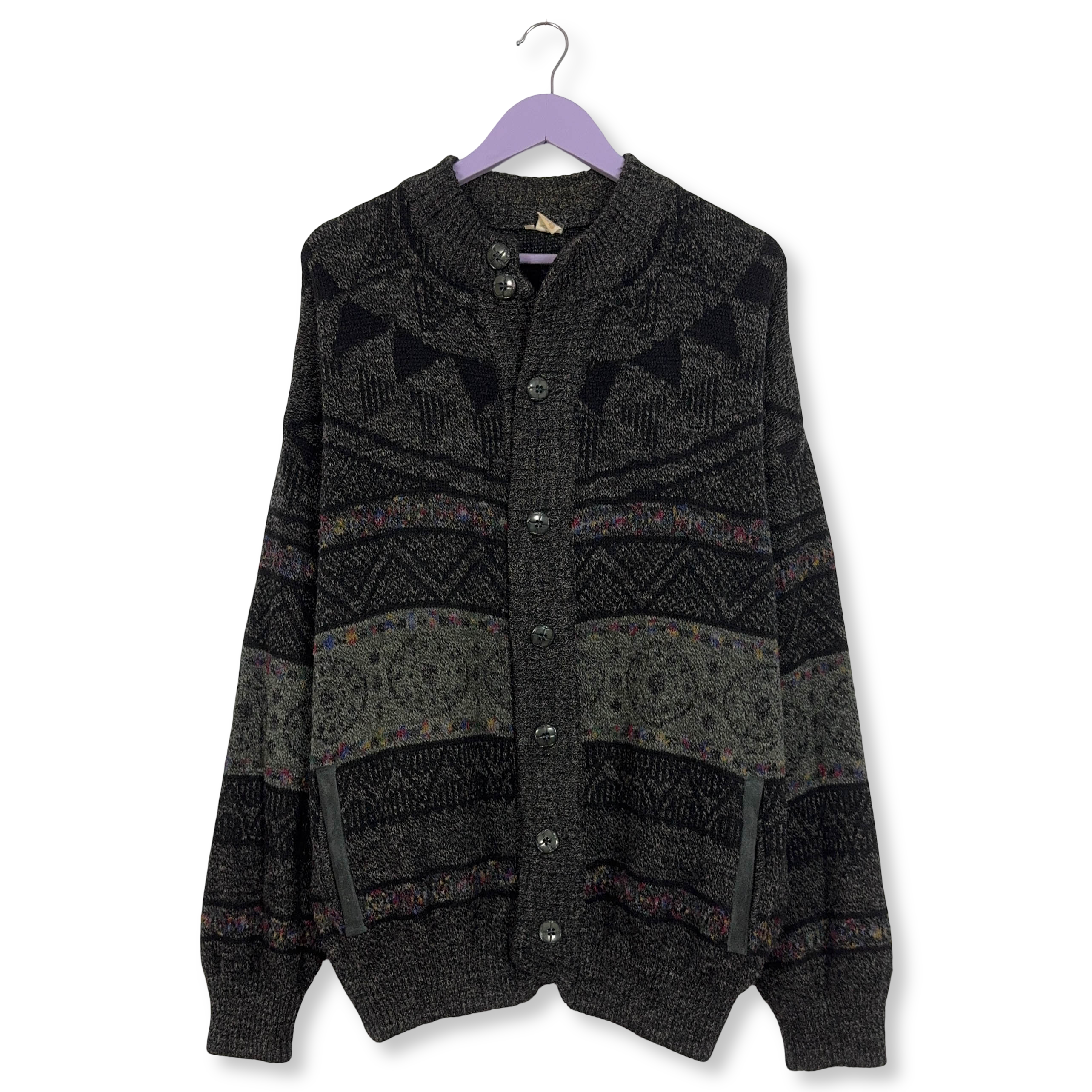 Cardigan Vintage grigio e nero geometrico 70% lana anni 80 90 - Taglia 54 uomo