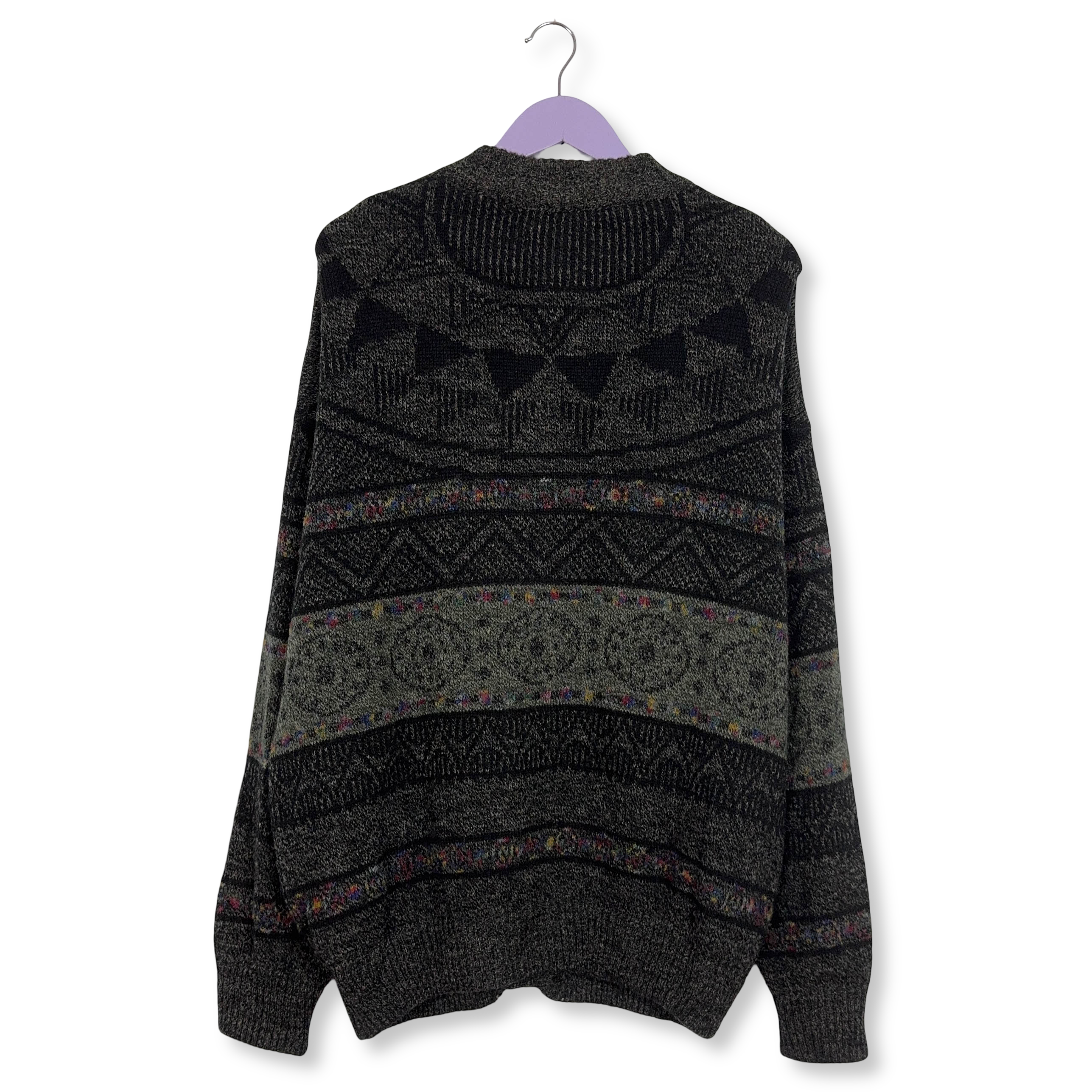 Cardigan Vintage grigio e nero geometrico 70% lana anni 80 90 - Taglia 54 uomo