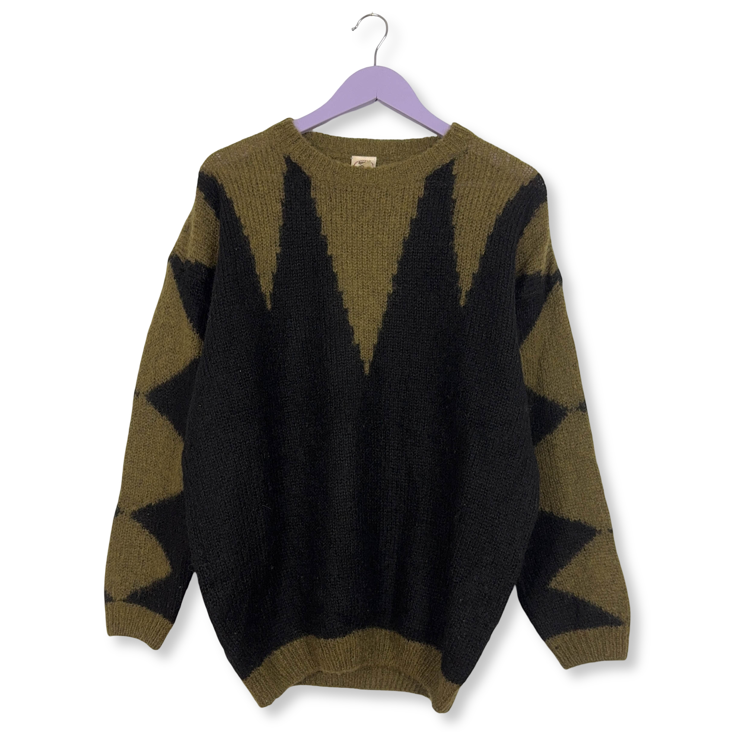 Maglione Free e Easy Vintage verde e nero girocollo 70% mohair anni 80 90 - Taglia L uomo